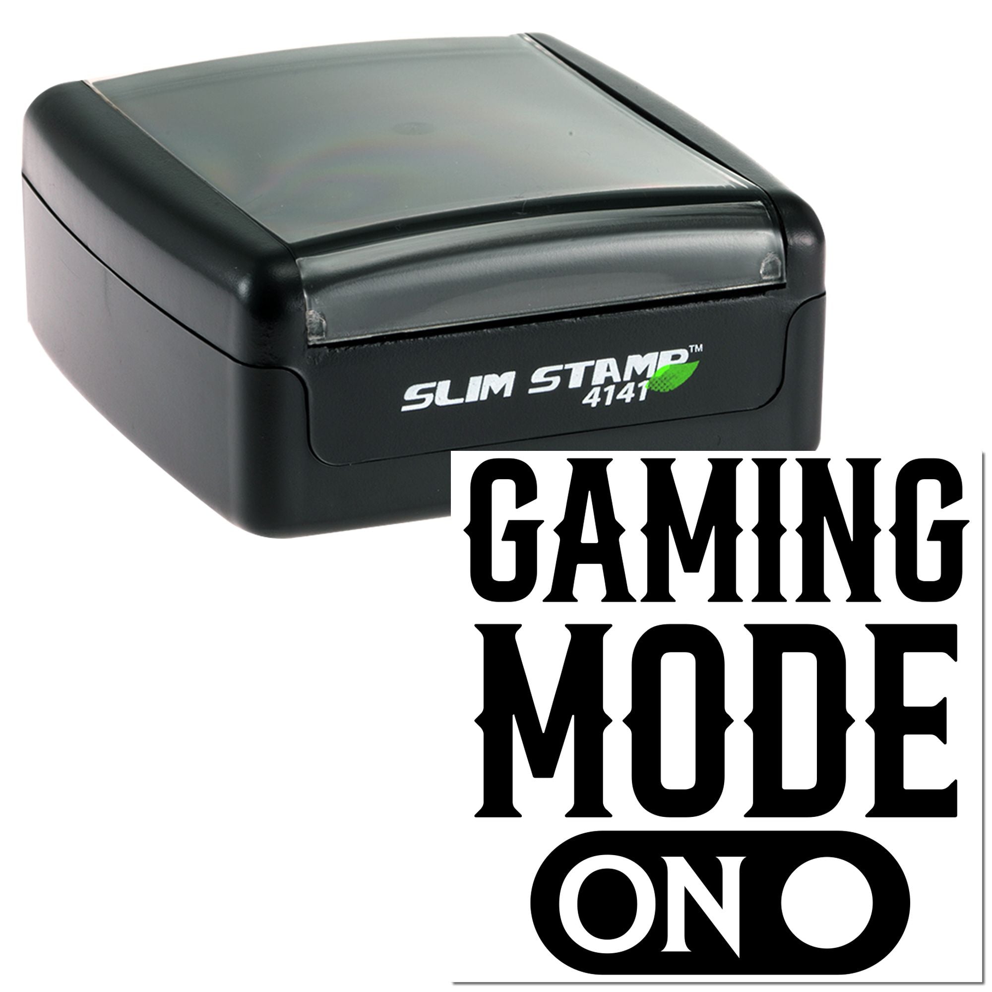Gaming Mode On self-inking rubber stamp design with Slim Stamp 4141, ideal for custom office and novelty stamping.
