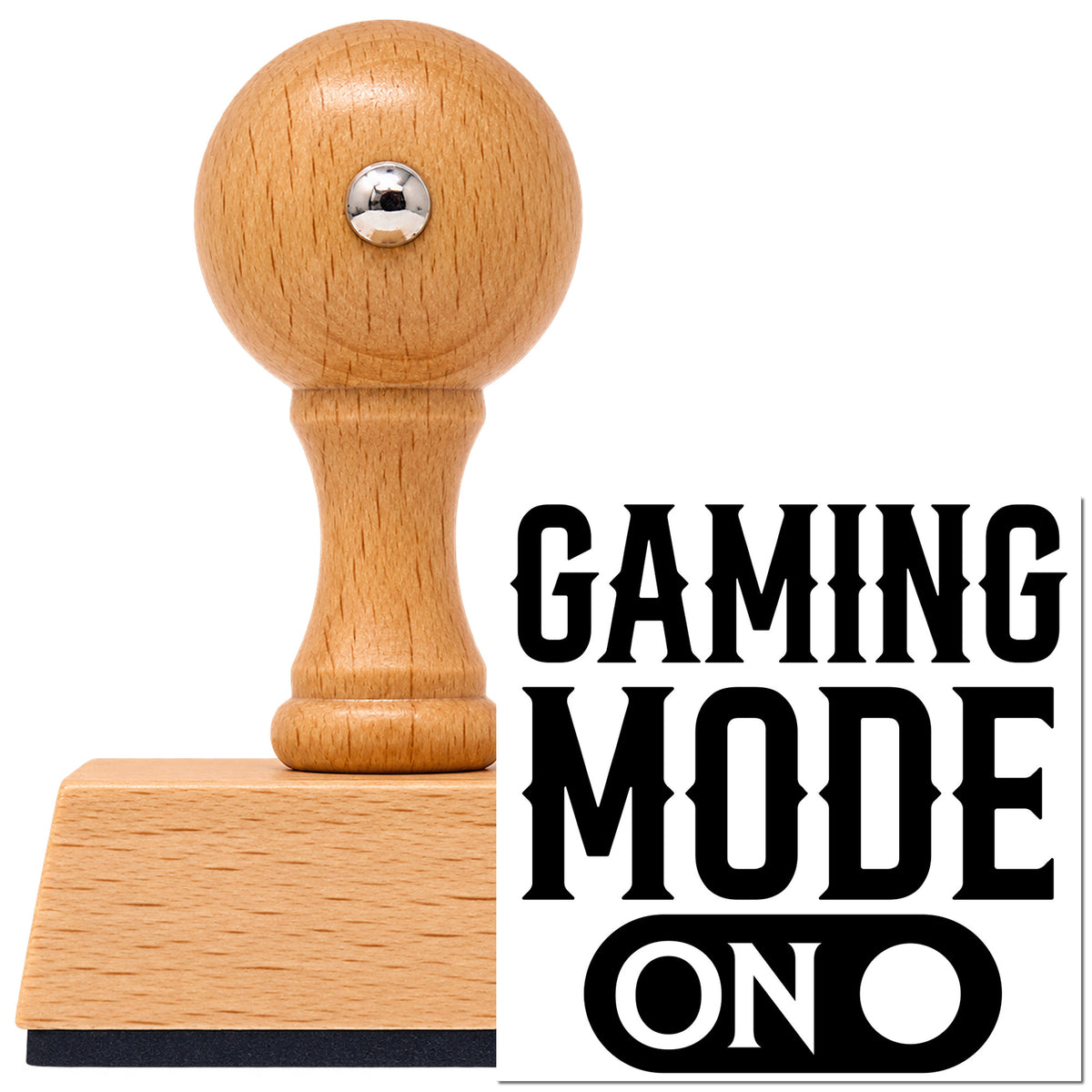 Gaming Mode Toggle Switch Vintage Pro rubber stamp in European beech wood with a round knob handle, shown beside its black imprint.