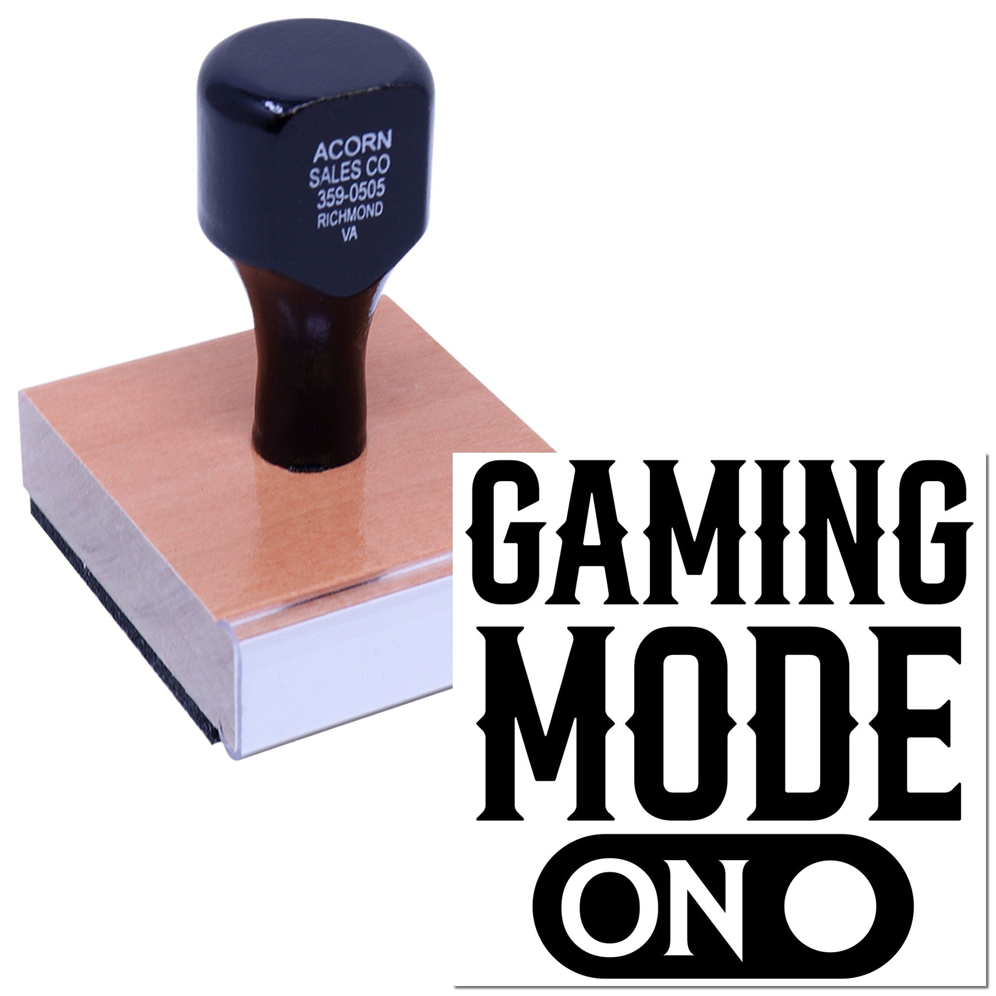 Custom wood-mounted rubber stamp with Gaming Mode On design for gaming-themed branding, packaging, or promotions.