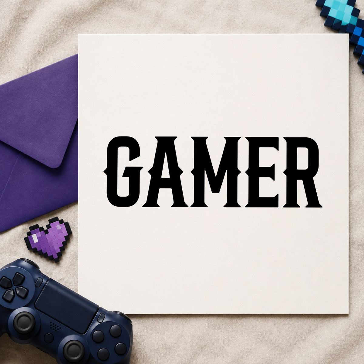 Gamer Bold Slab Lettering craft stamp in black ink on cardstock, an easy option for merch album page.