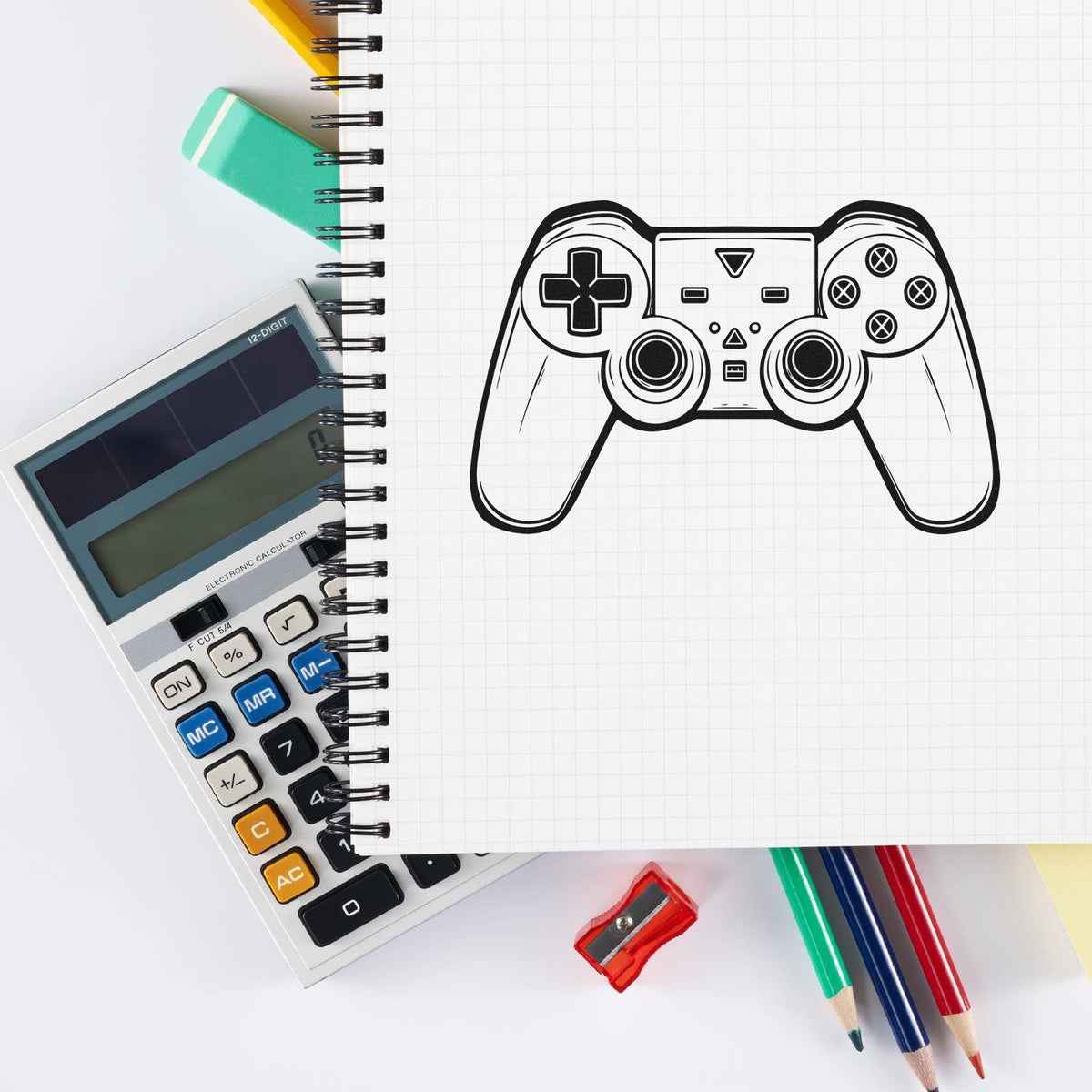 Game controller rubber stamp on notebook page, ideal for gamer-themed stationery, crafts, and custom stamp designs.