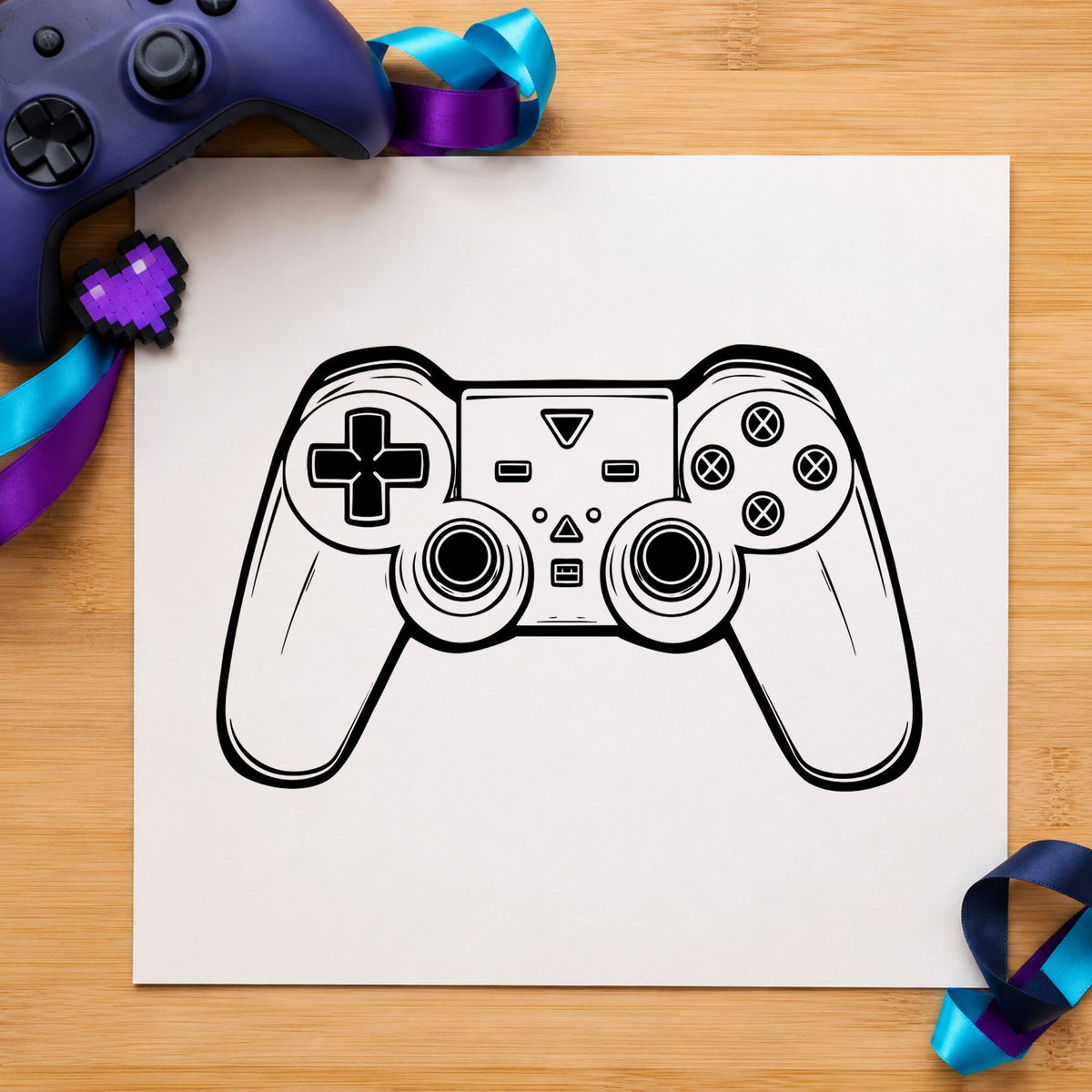 Detailed Dual Stick Controller craft stamp imprint in black ink on a handmade project, one idea being fixed pad gift tags.