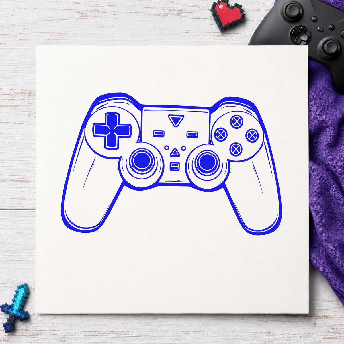 Detailed Dual Stick Controller craft stamp in blue ink on cardstock, an easy option for bench mat printing.