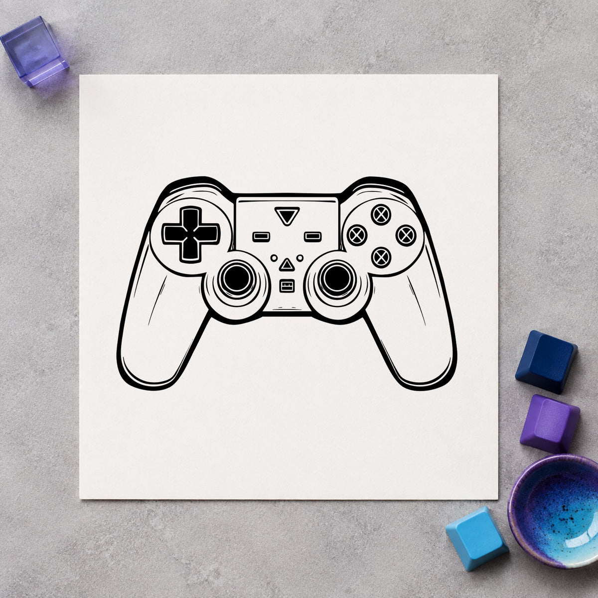 Detailed Dual Stick Controller rubber stamp printed in black ink, ready for detailed outline cards and similar paper crafts.