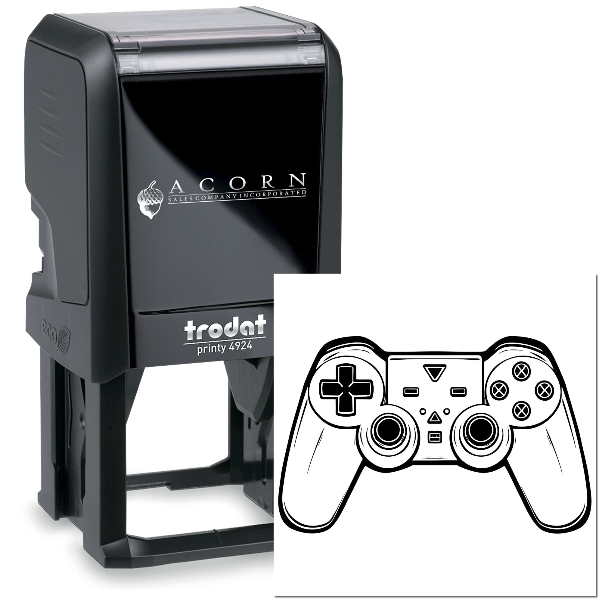 Custom self-inking rubber stamp with logo and game controller design, ideal for personalized business branding.