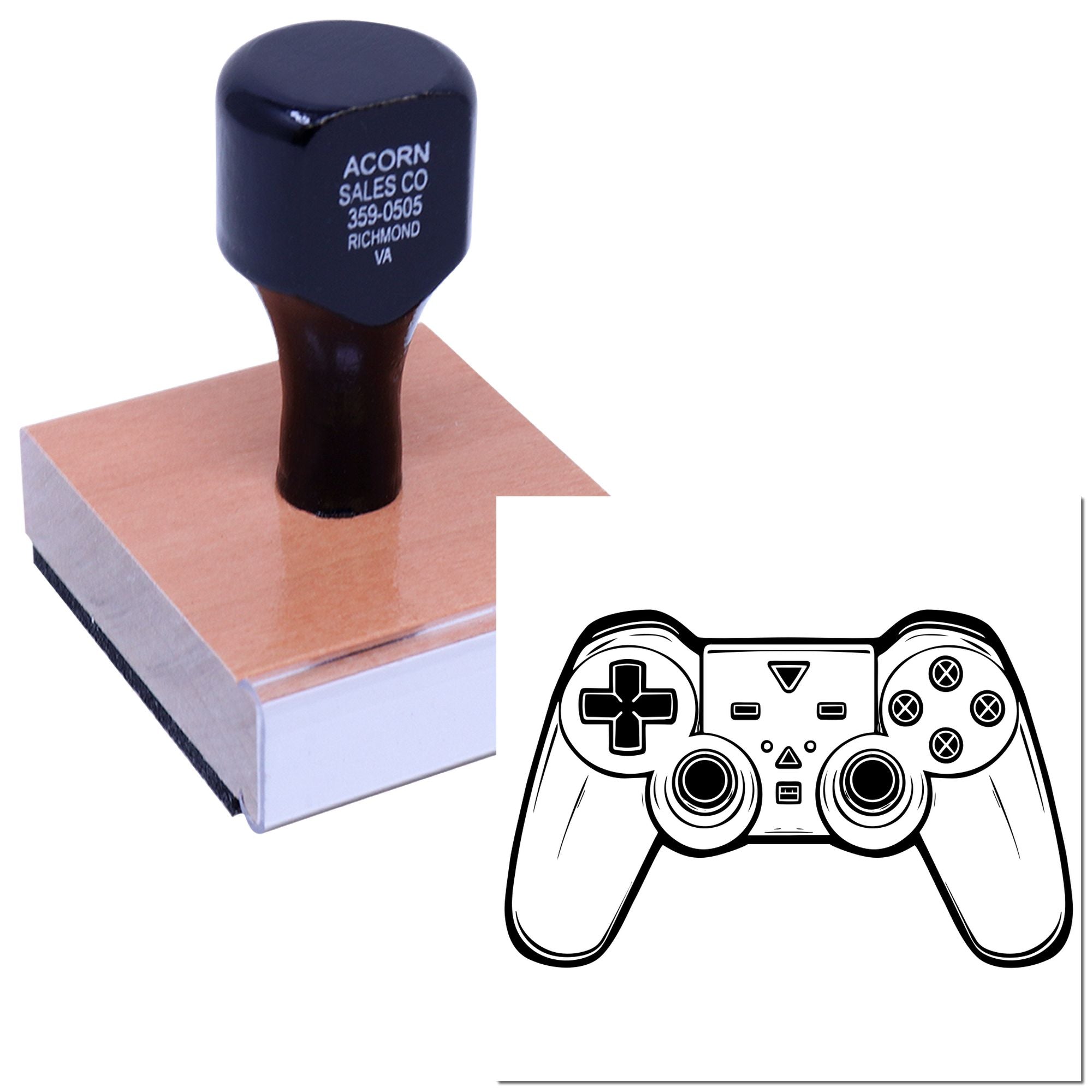 Custom rubber stamp with game controller design on wooden mount for gamer branding, packaging, and crafts.