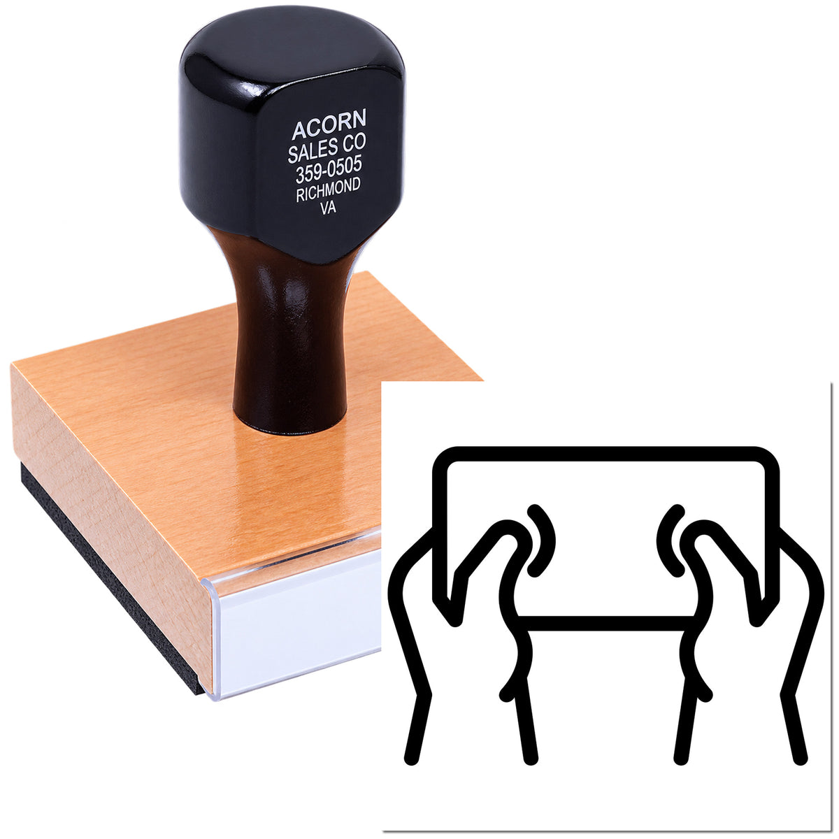 Custom wood-mounted rubber stamp for business address and logo imprinting
