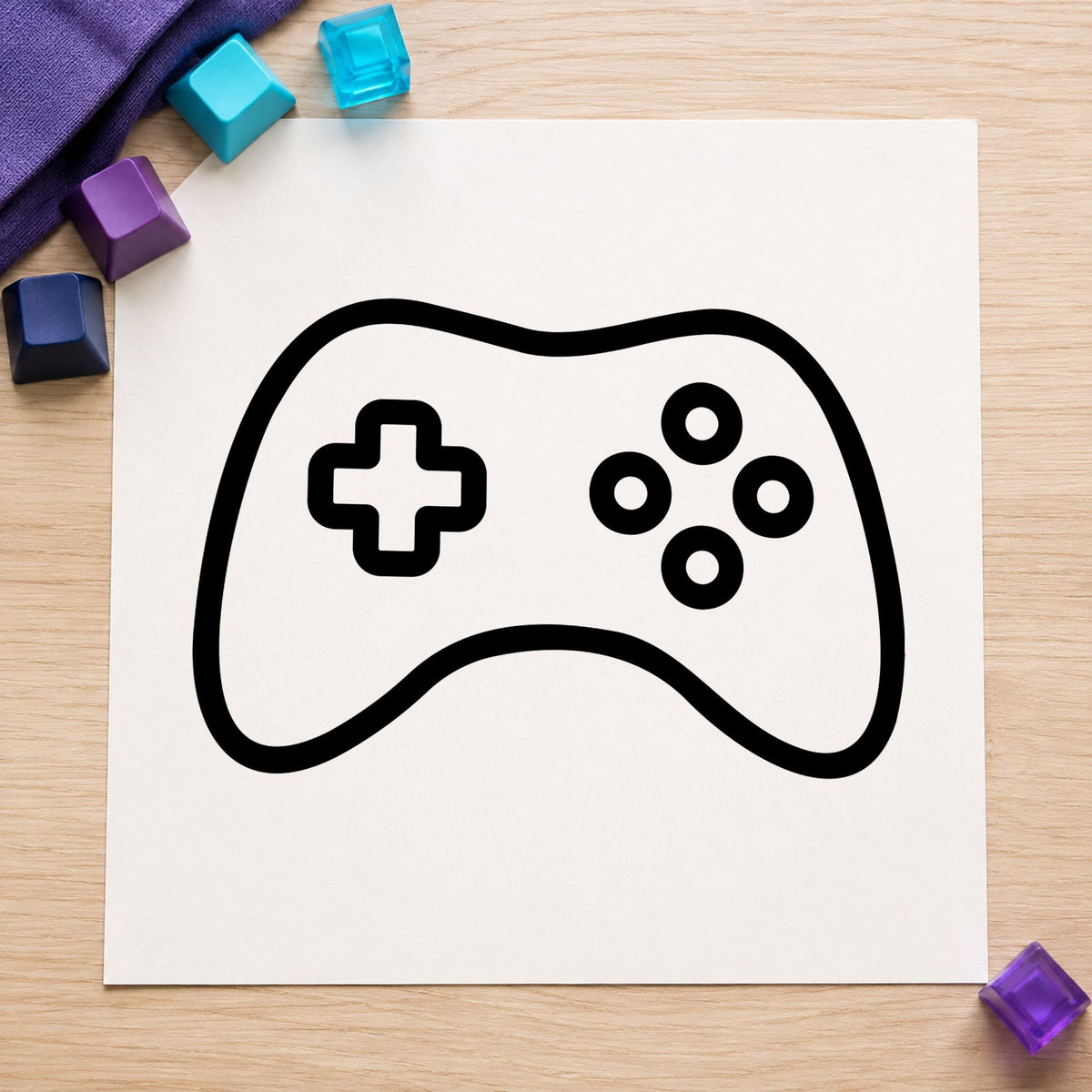 Simple Outlined Game Controller craft stamp imprint in black ink on a handmade project, one idea being loan console tags.