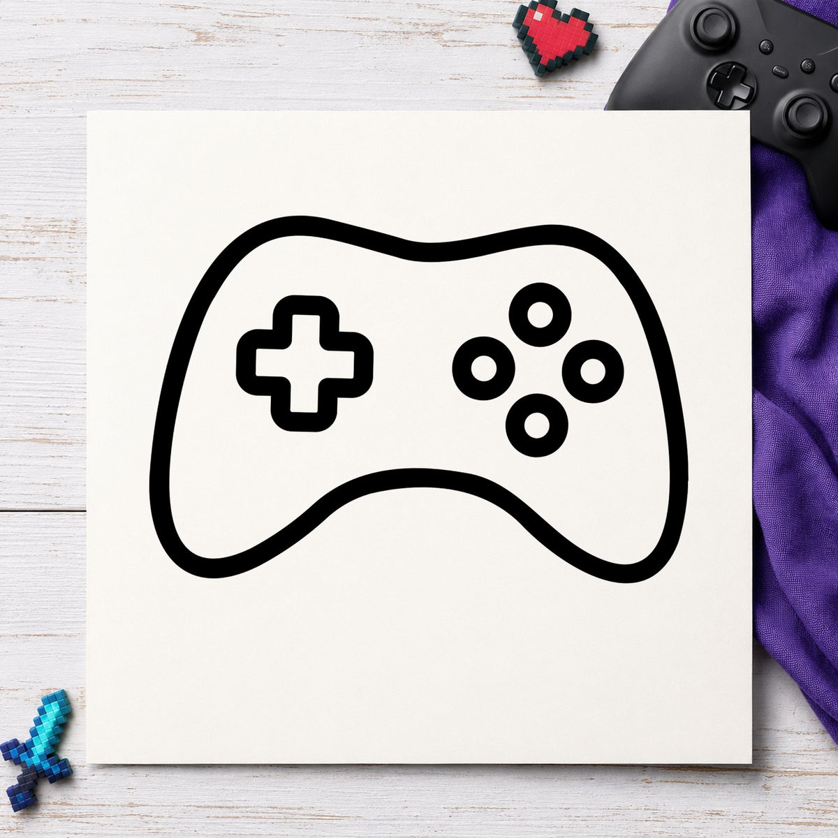 Simple Outlined Game Controller rubber stamp printed in black ink, ready for session book sheet and similar paper crafts.