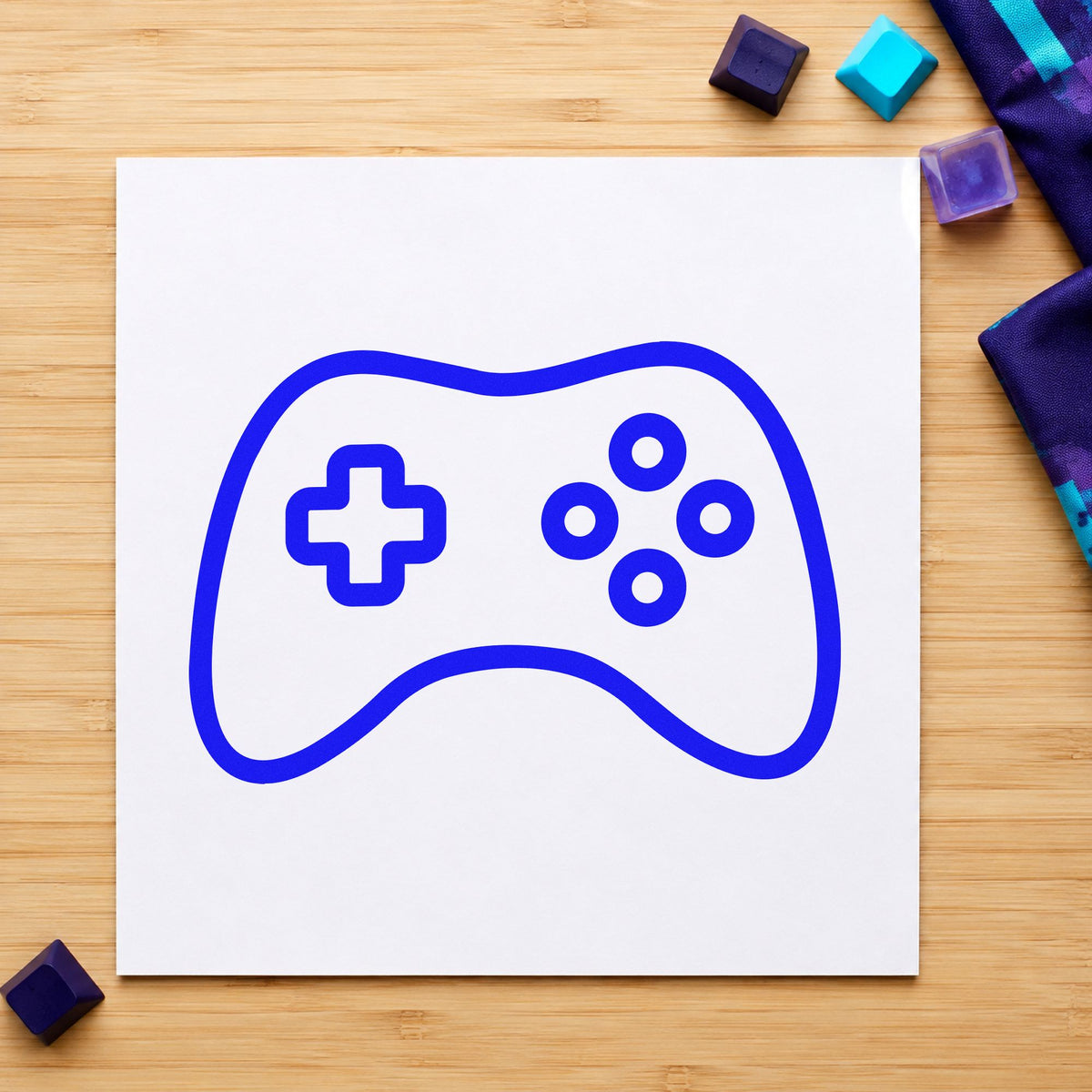Simple Outlined Game Controller craft stamp imprinted in blue ink on paper, a design suited to framed meeting room.