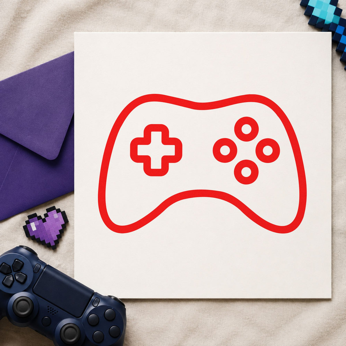 Simple Outlined Game Controller craft stamp imprint in red ink on a handmade project, one idea being session info cards.