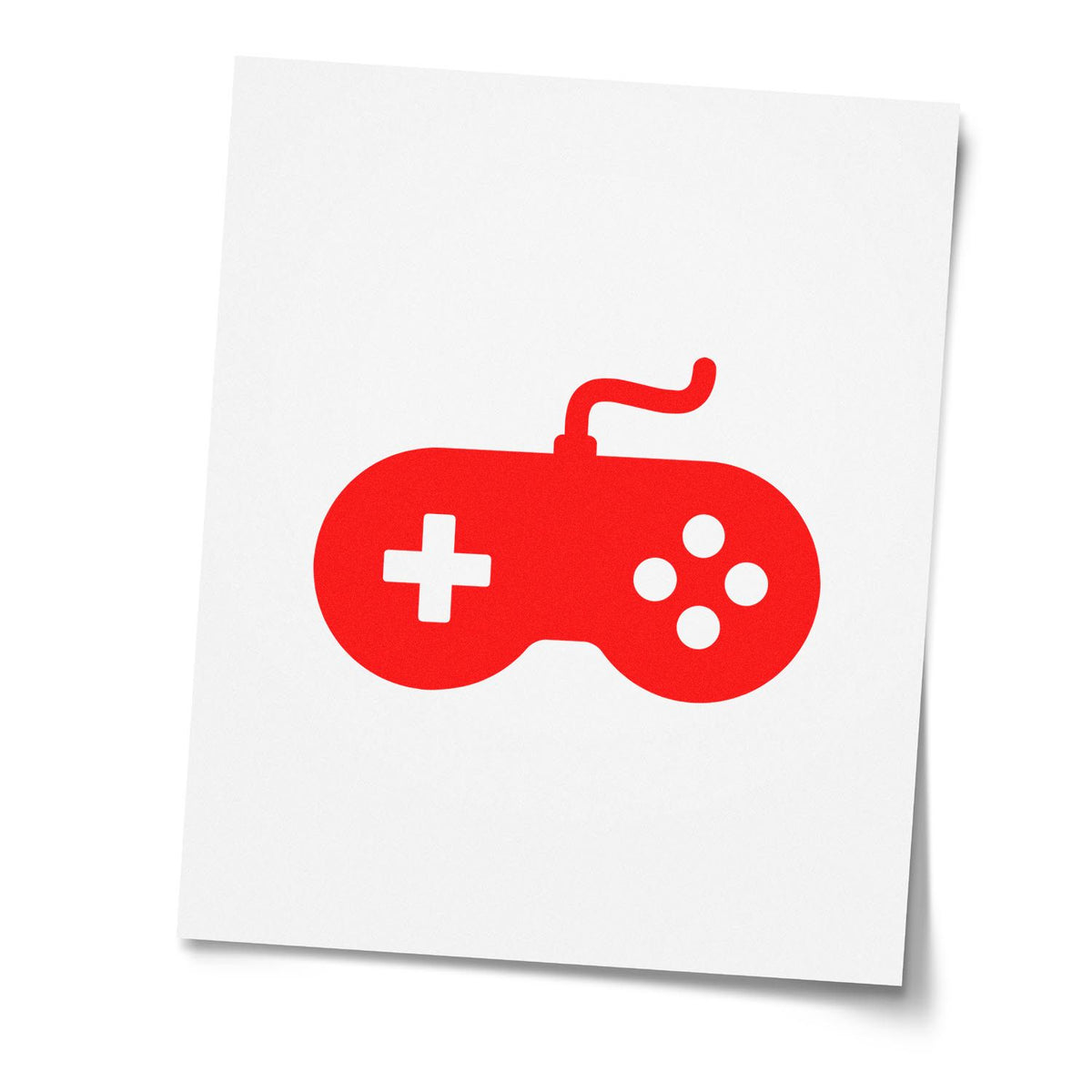 Video game controller rubber stamp design for gamers, featuring a red gaming pad icon with directional buttons.