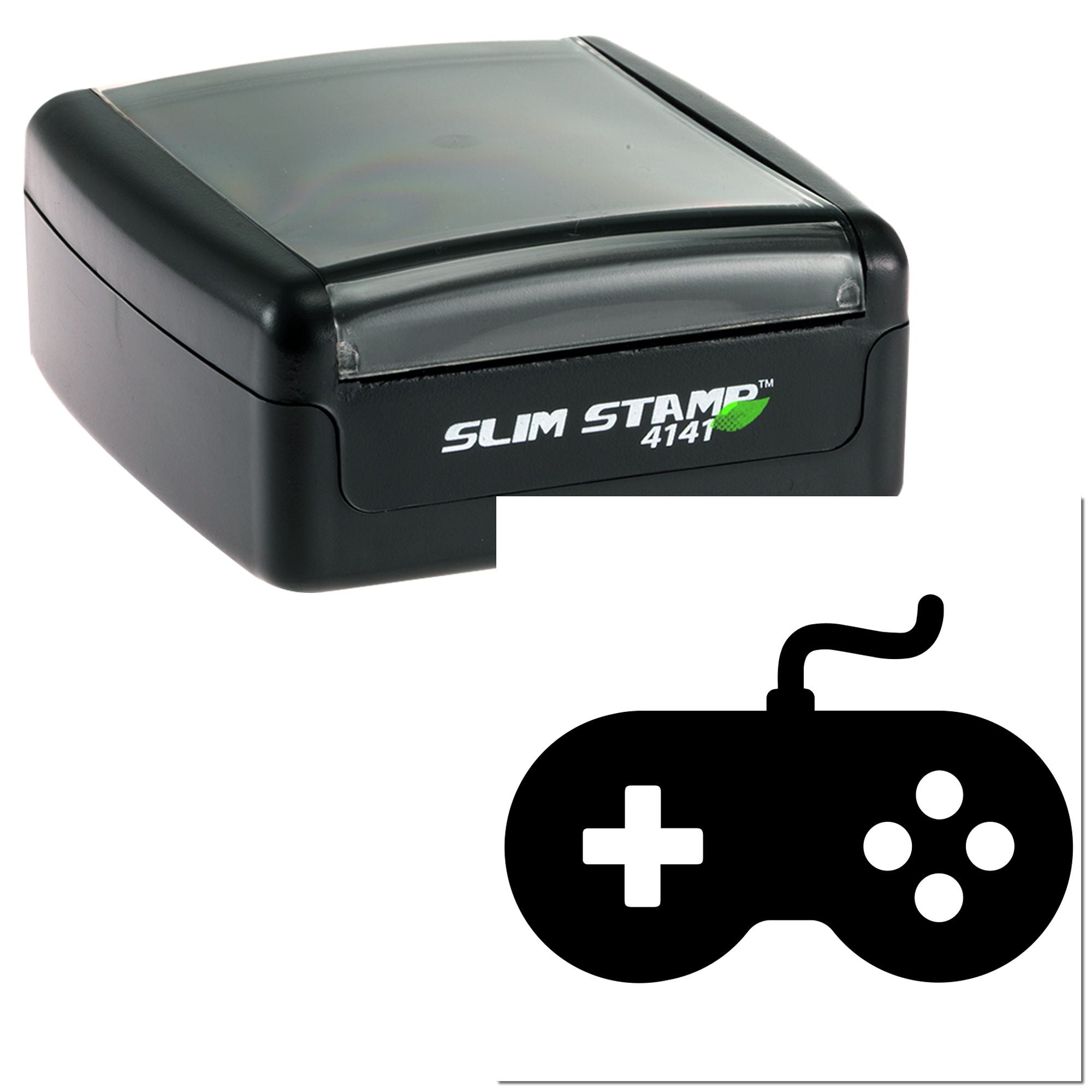 Slim Stamp 4141 self-inking rubber stamp with video game controller icon, ideal for gamer-themed branding or custom labeling.