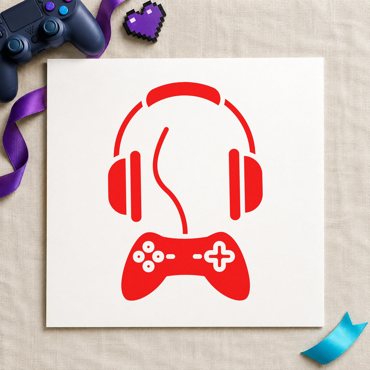 Headphones Above Wired Controller rubber stamp shown in red ink, stamped for projects such as bin cable labels.
