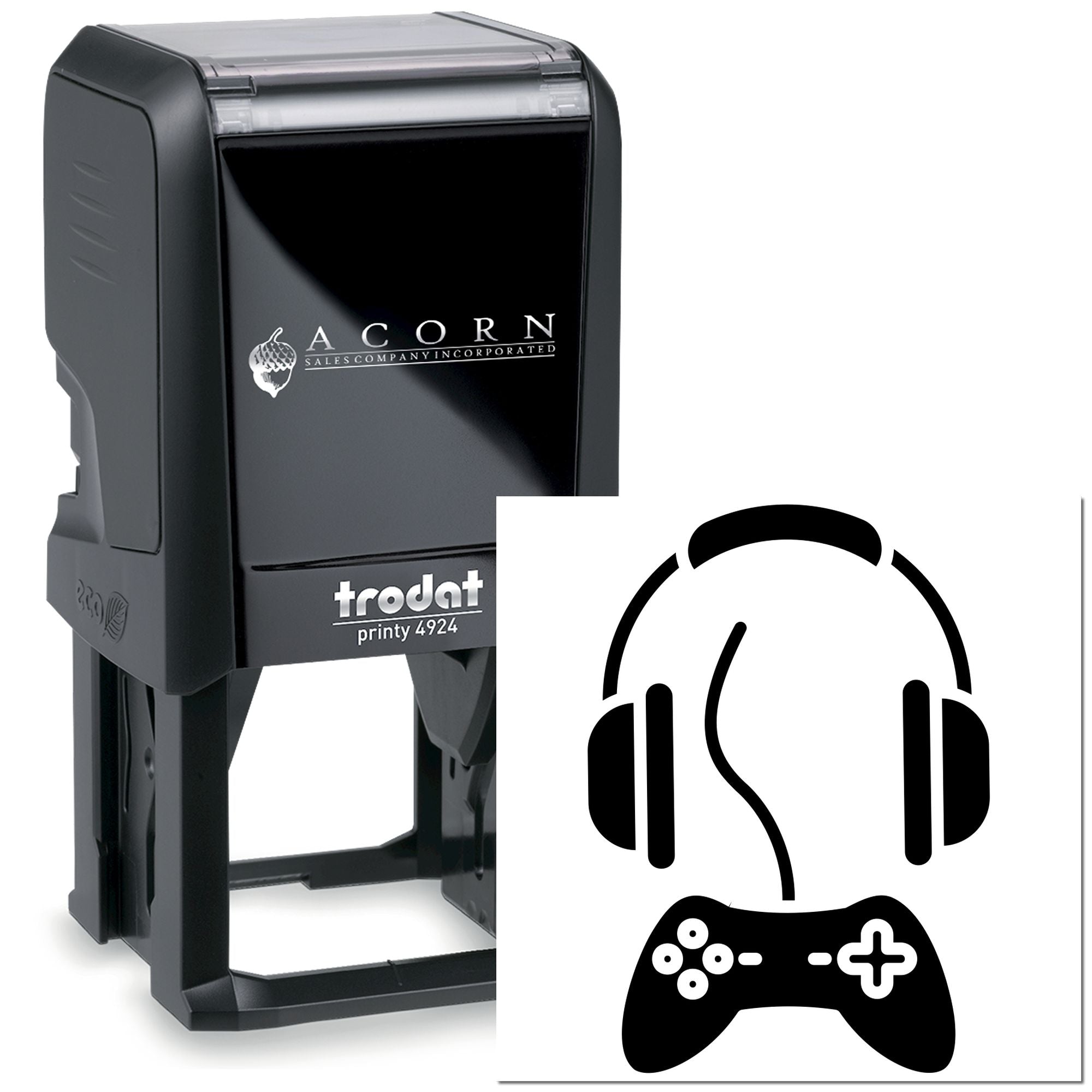 Trodat Printy 4924 self-inking rubber stamp with custom Acorn Sales Company logo and gaming headset controller icon.