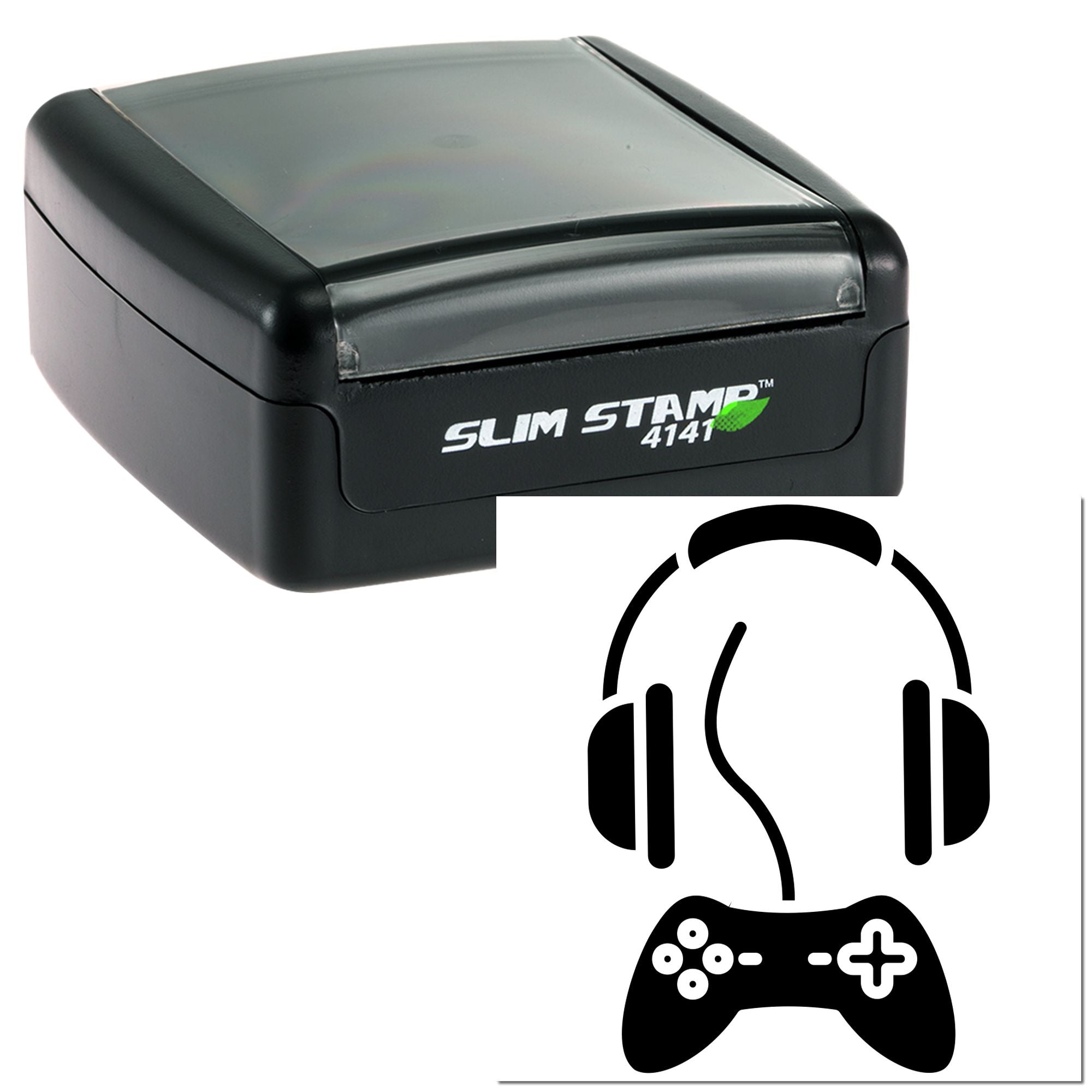 Custom Slim Stamp 4141 self-inking rubber stamp with gamer headset and controller logo.