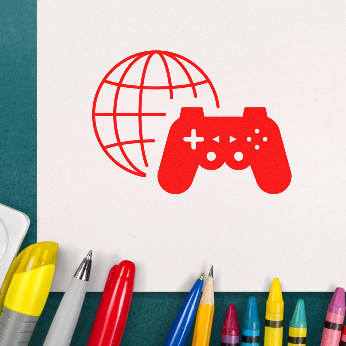 Global gaming rubber stamp design with globe and game controller icon, ideal for custom business or branding stamps.