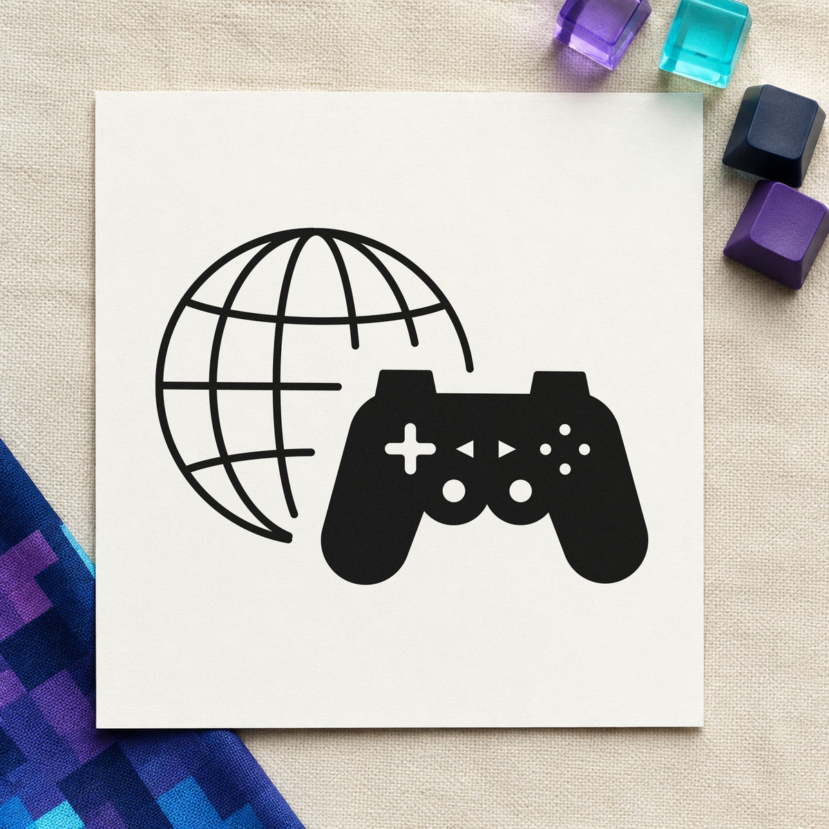 Online Gaming Globe Controller craft stamp imprint in black ink on a handmade project, one idea being snack tray gift tags.