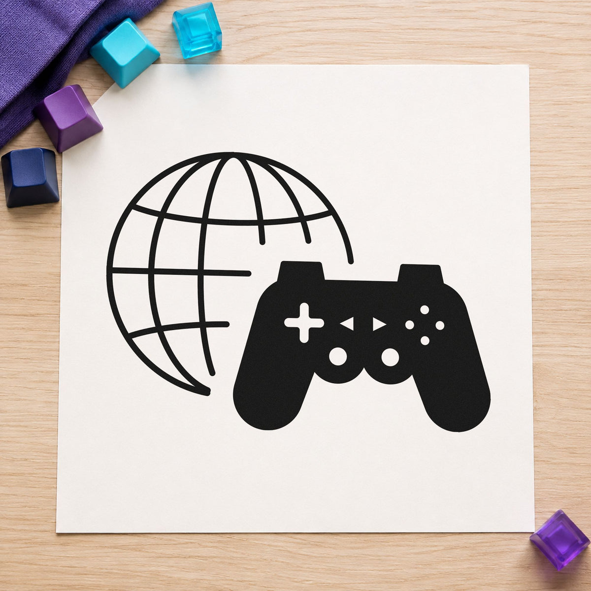 Online Gaming Globe Controller rubber stamp printed in black ink, ready for wireframe globe cards and similar paper crafts.