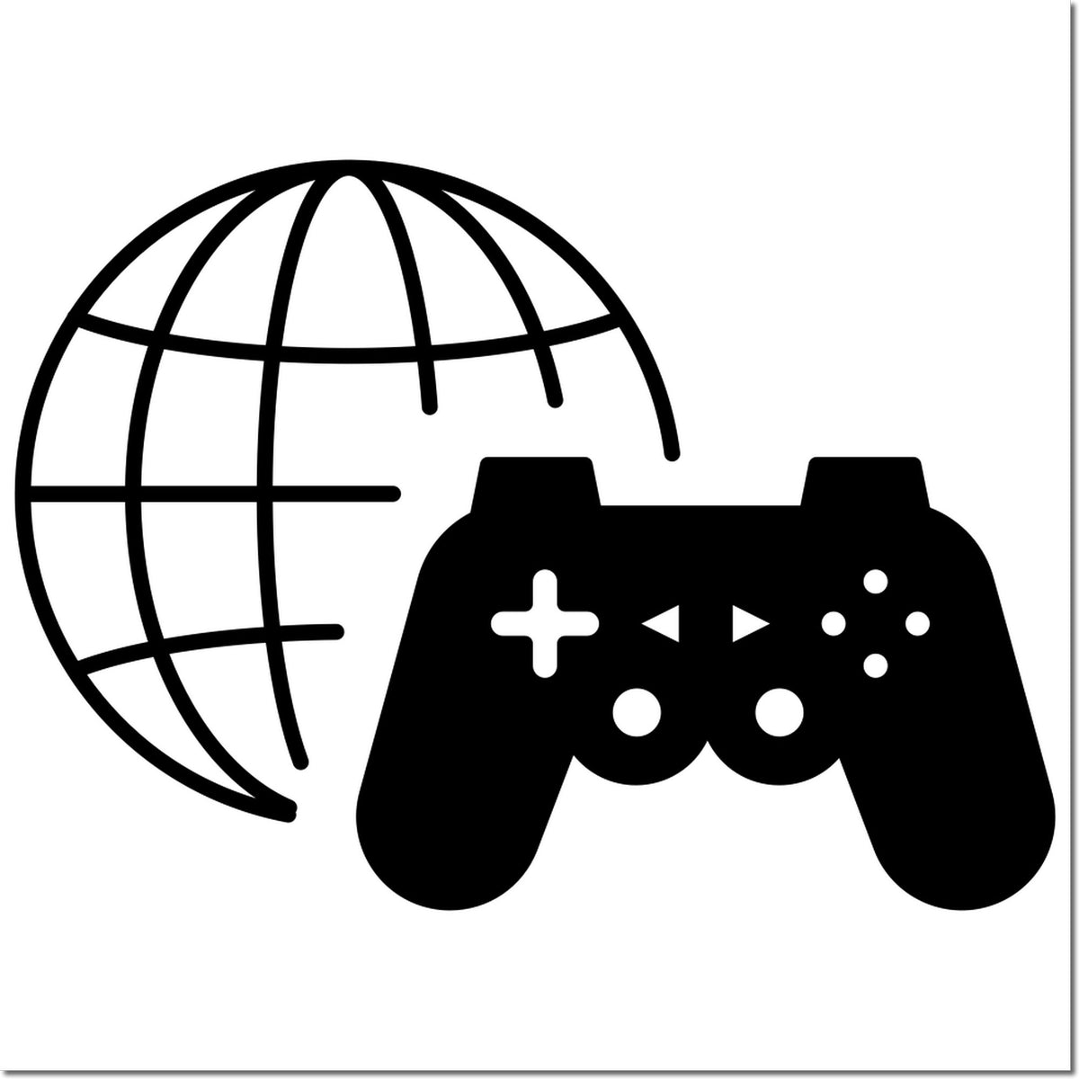 Global gaming rubber stamp design with globe and game controller for online gaming, esports, and international play branding.