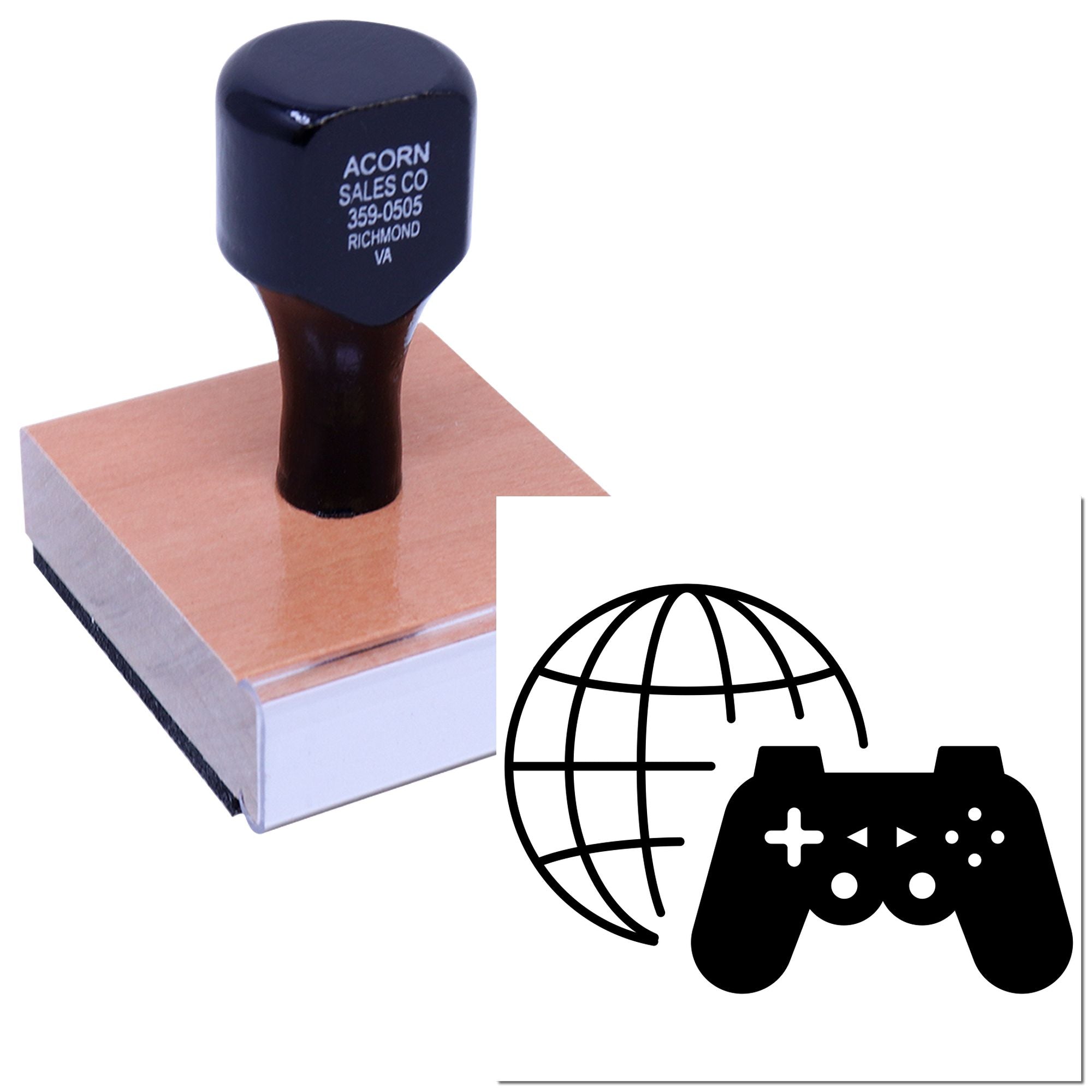 Custom rubber stamp on wood mount for business branding, address, and logo use