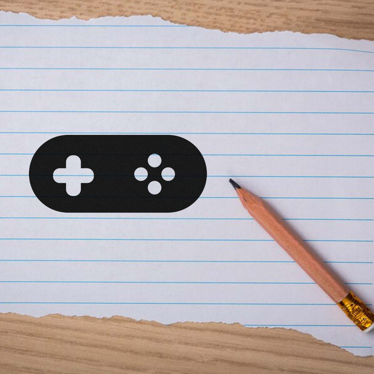 Custom rubber stamp mockup on lined notebook paper with pencil