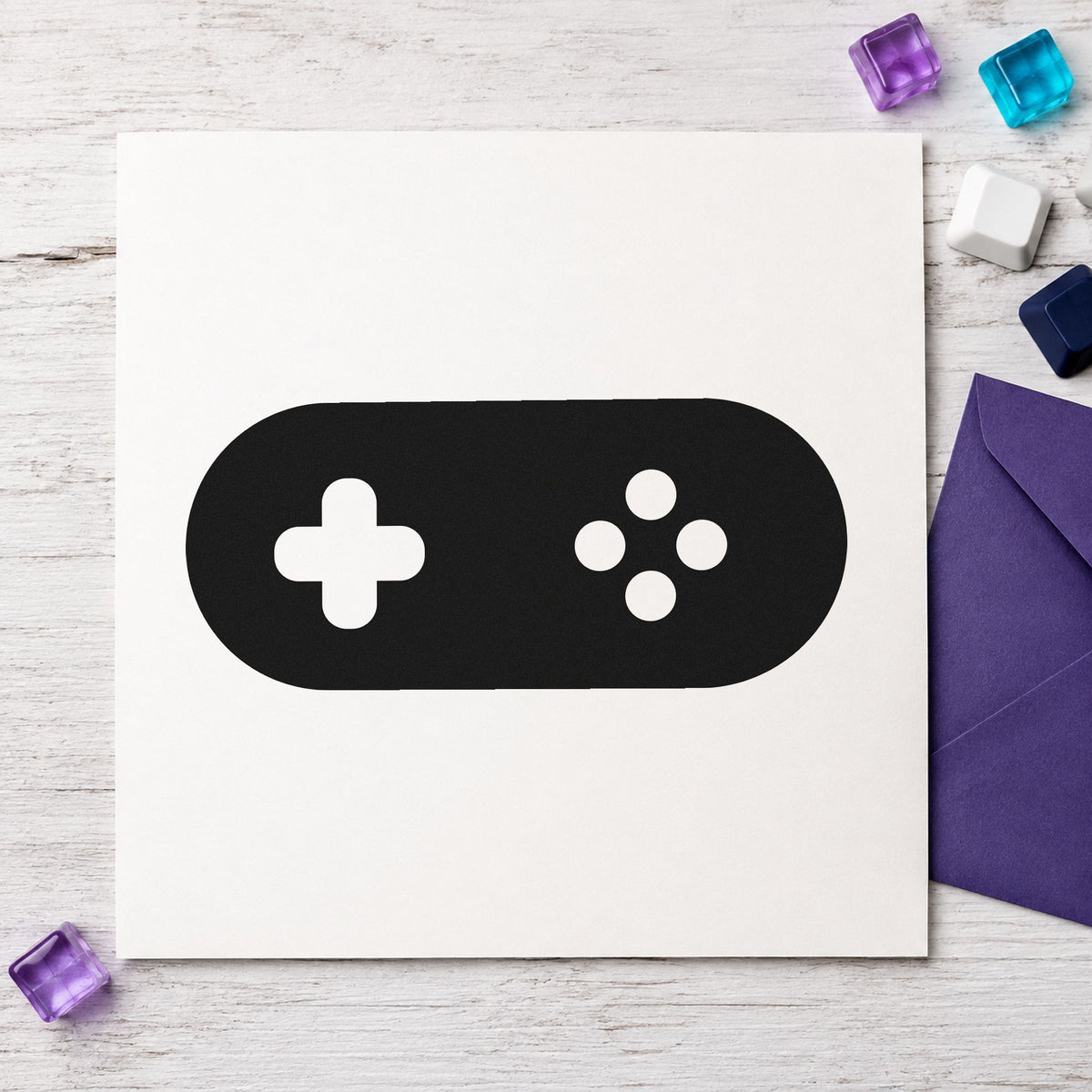 Rounded Retro Game Controller rubber stamp printed in black ink, ready for machine rota sheet and similar paper crafts.