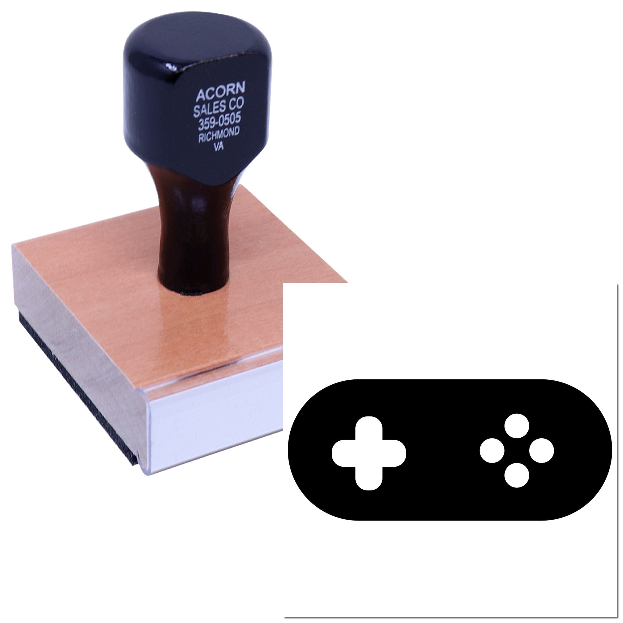 Custom business rubber stamp on wooden block with company name, phone number and address for personalized stamping