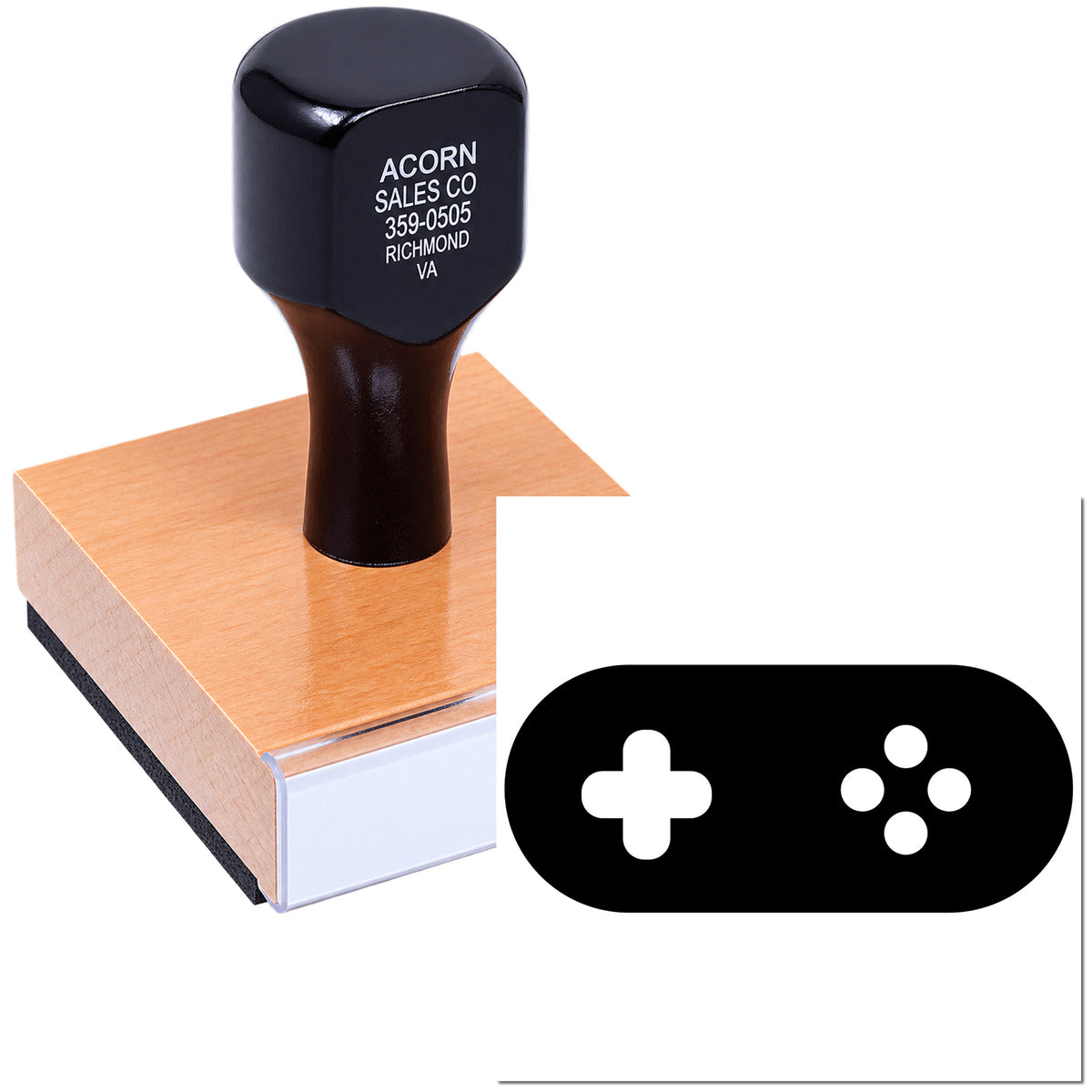 Custom business rubber stamp on wooden block with company name, phone number and address for personalized stamping
