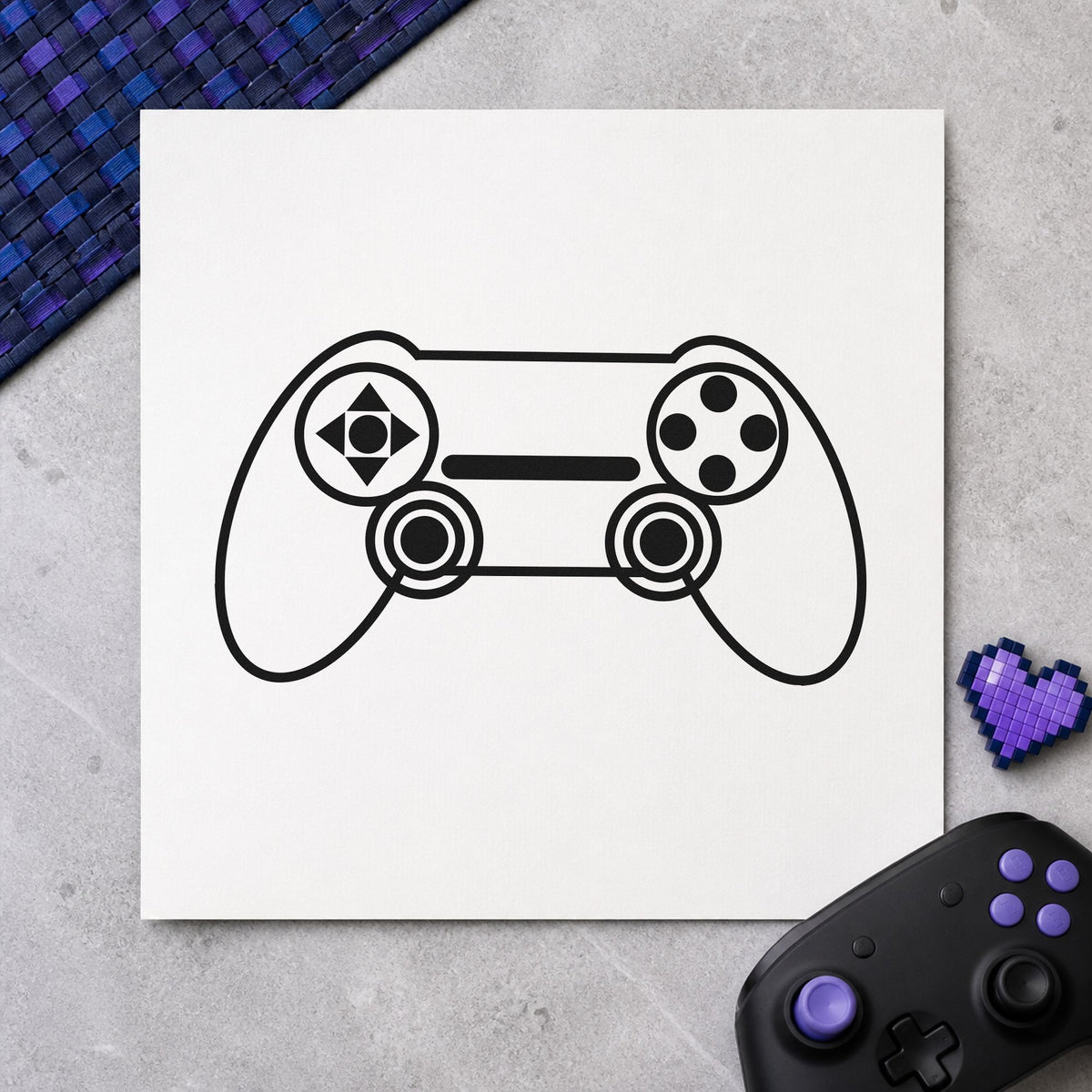 Outlined Dual Stick Controller rubber stamp printed in black ink, ready for symmetrical outline cards and similar paper crafts.