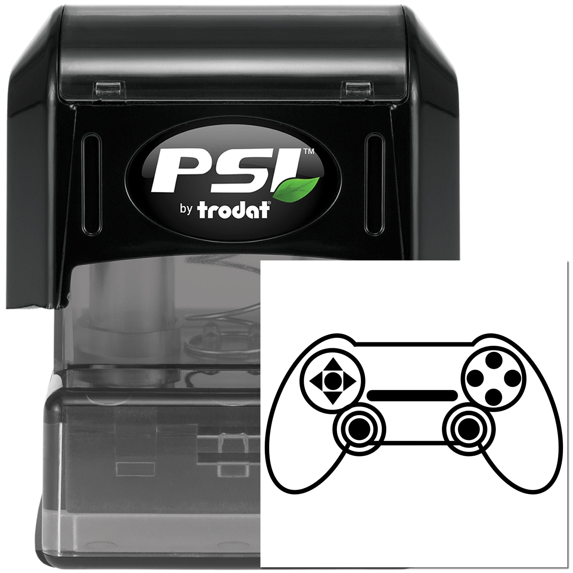 PSI by Trodat self-inking rubber stamp featuring a custom game controller icon
