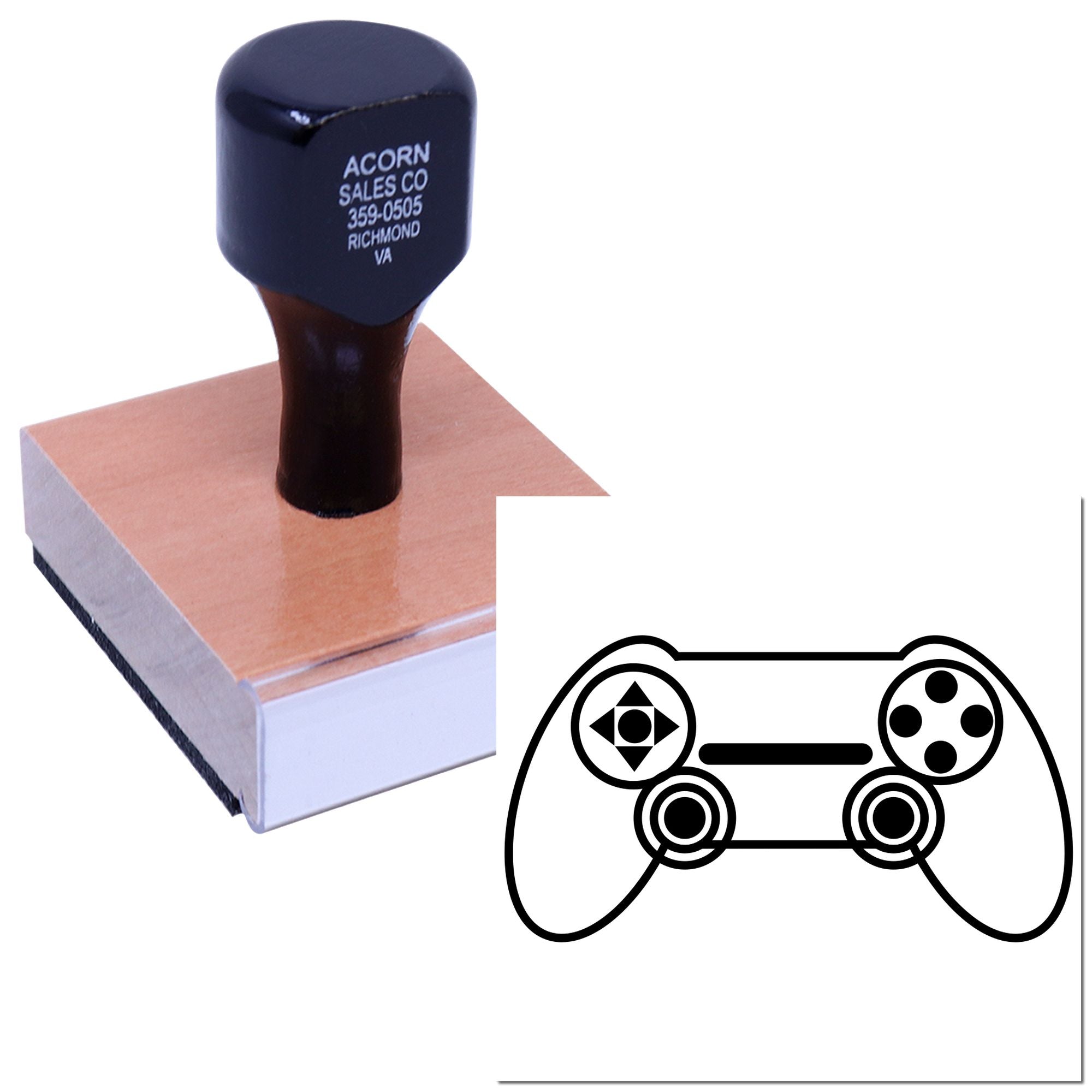 Custom rubber stamp with handle and game controller logo, shown with design proof for personalized stamping.