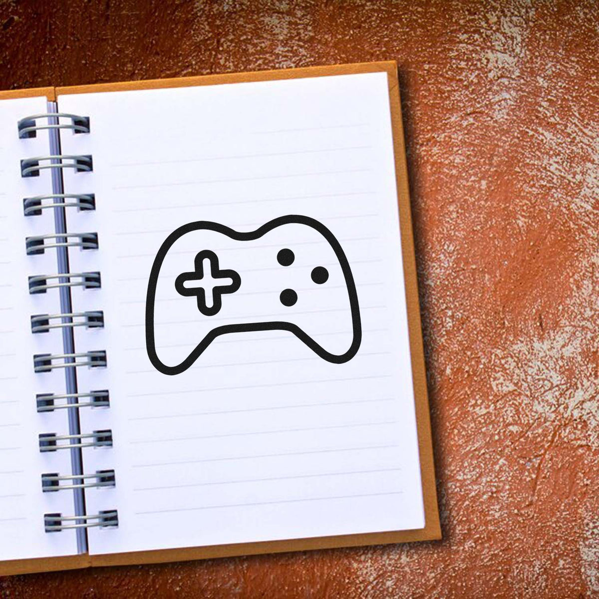 Three Button Controller Outline PSI Pre-Inked Stamp imprint stamped in black ink. A simple outlined controller contains a directional cross and three solid buttons.