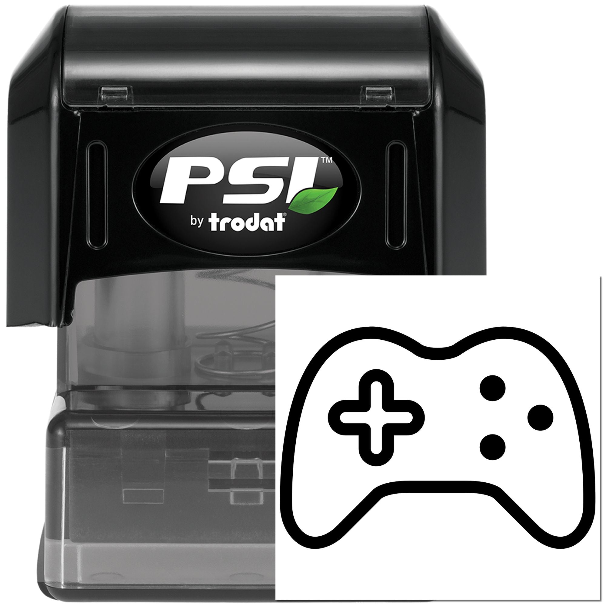 PSI by Trodat self-inking rubber stamp with video game controller icon, ideal for custom gamer business marking.