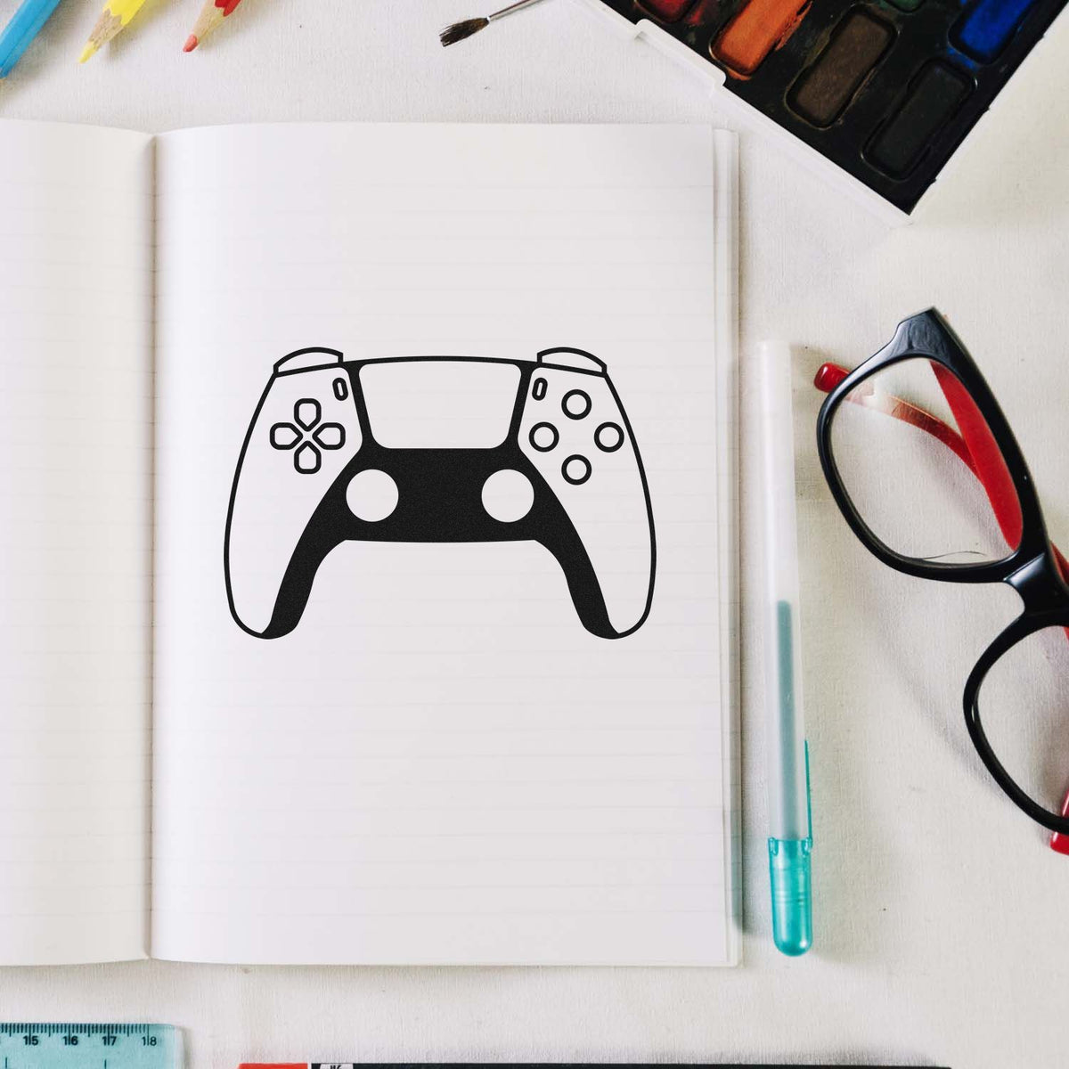 PSI Pre-Inked Shaded Game Controller Stamp imprint stamped in black ink. A modern controller has a white upper face, dark lower grips, thumbsticks, and small buttons.