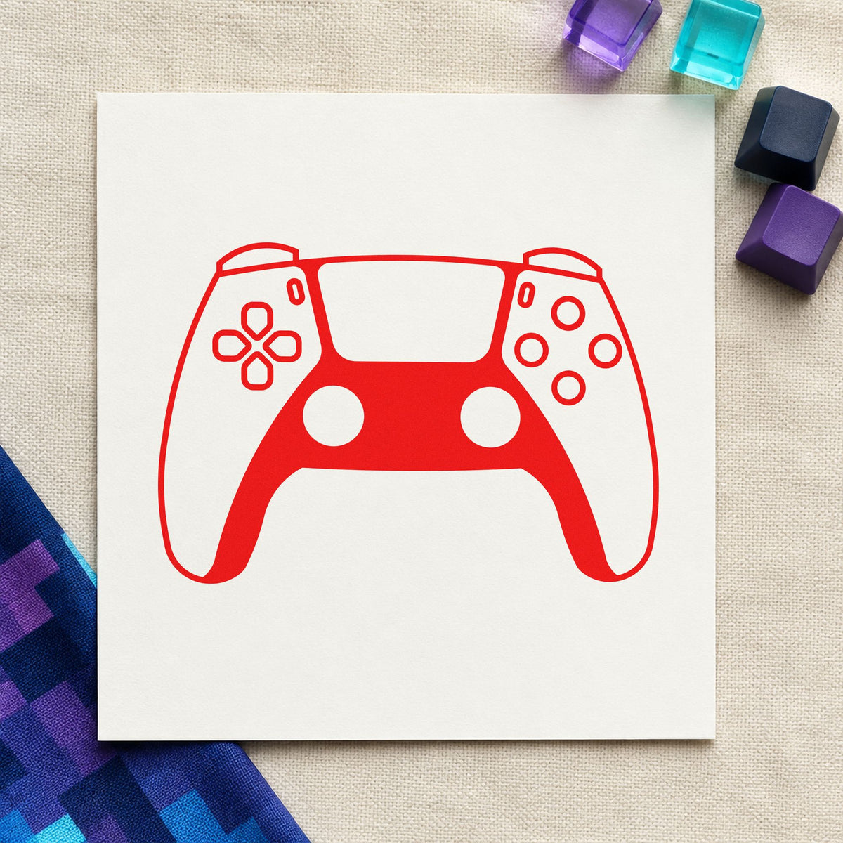 Modern Two Tone Controller craft stamp imprint in red ink on a handmade project, one idea being spec note cards.