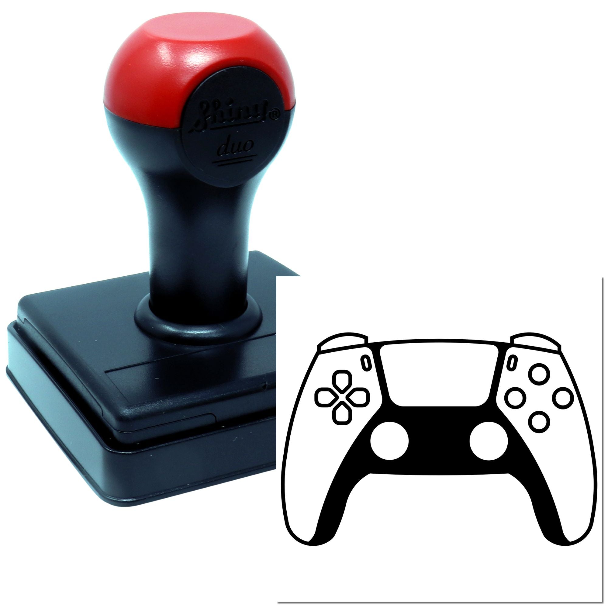Custom self-inking rubber stamp with game controller design for gamer-themed branding, crafts, and packaging.
