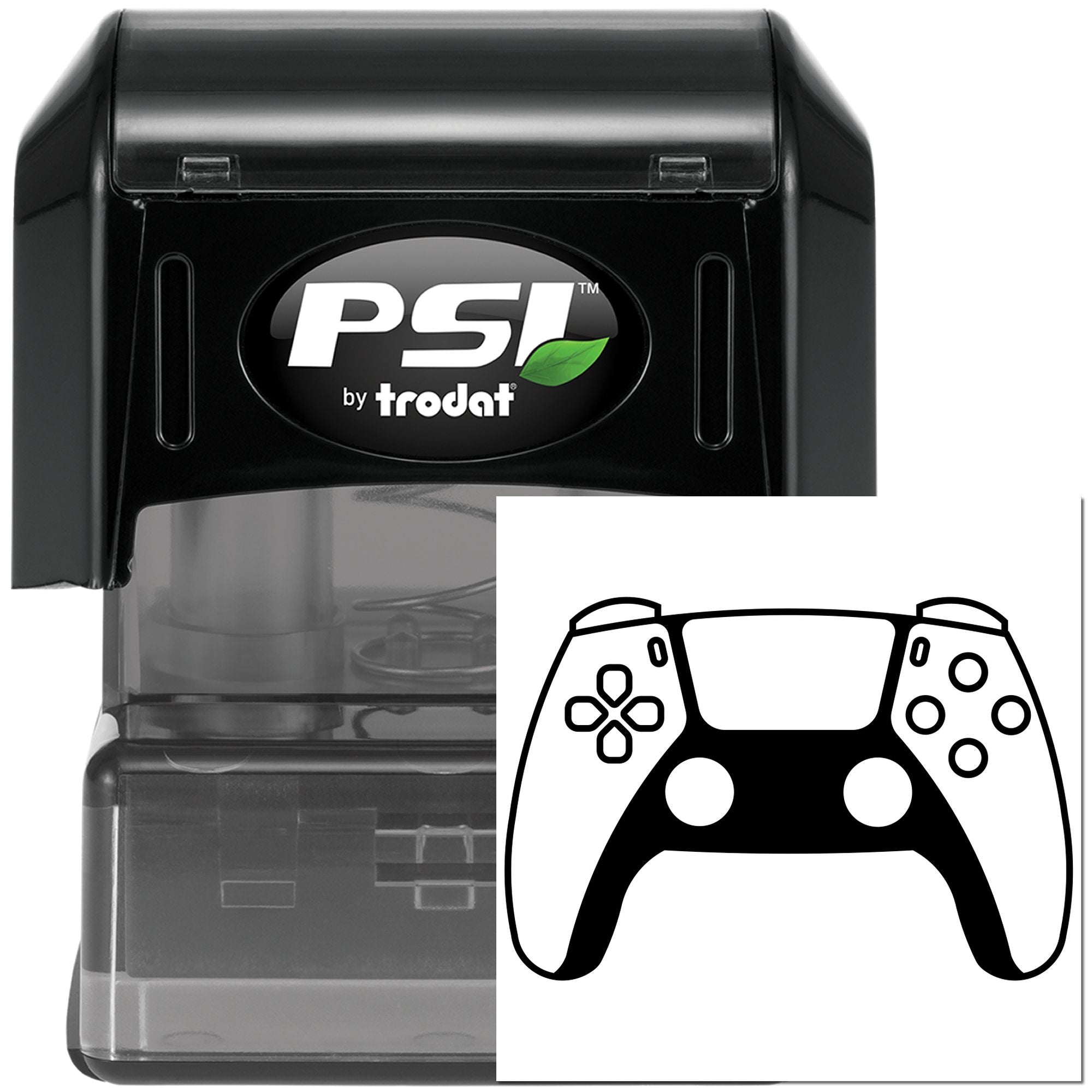 PSI by Trodat self-inking rubber stamp featuring a custom video game controller icon for personalized marking.