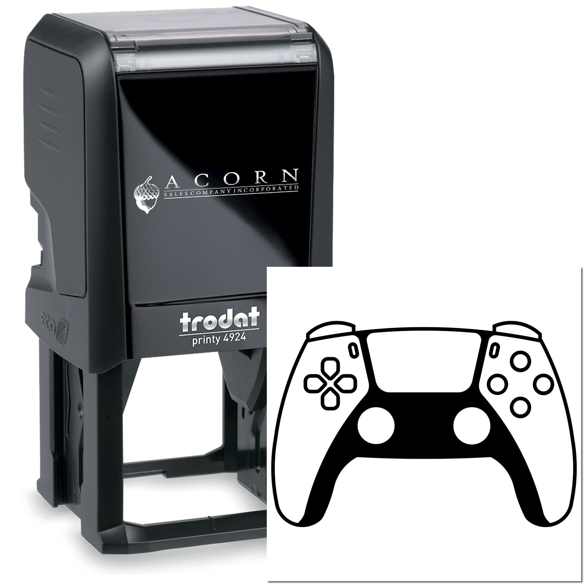 Trodat Printy 4924 self-inking rubber stamp with custom game controller logo for branded business use.