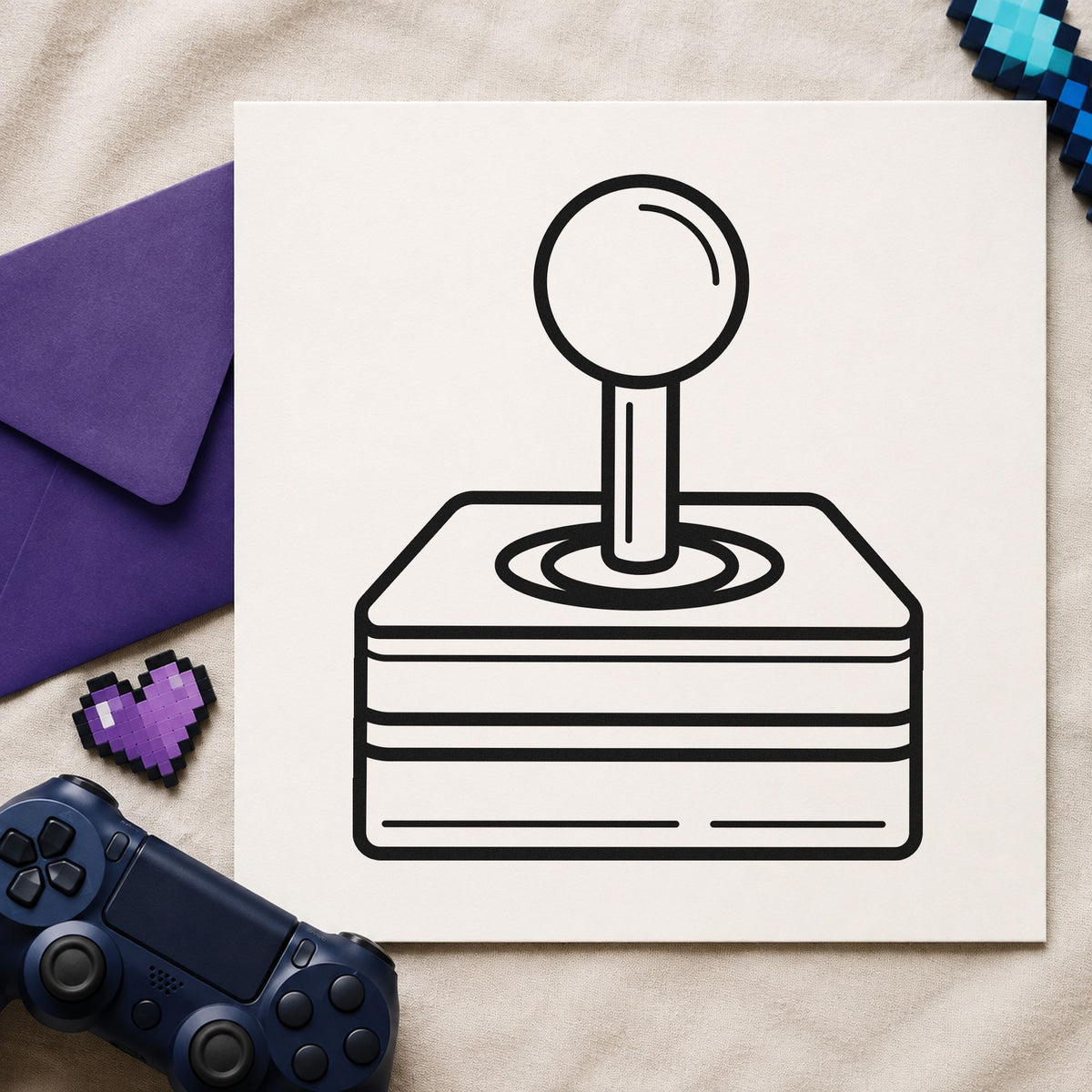 Retro Joystick Layered Base craft stamp imprint in black ink on a handmade project, one idea being part box gift tags.