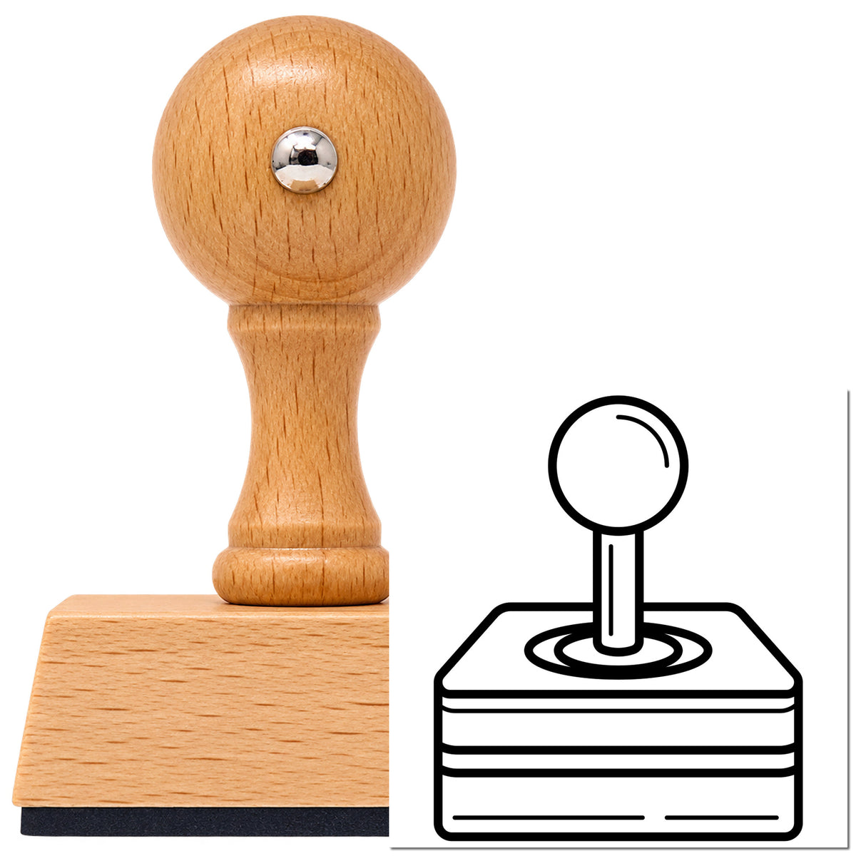 Retro Joystick Layered Base Vintage Pro rubber stamp in European beech wood with a round knob handle, shown beside its black imprint.