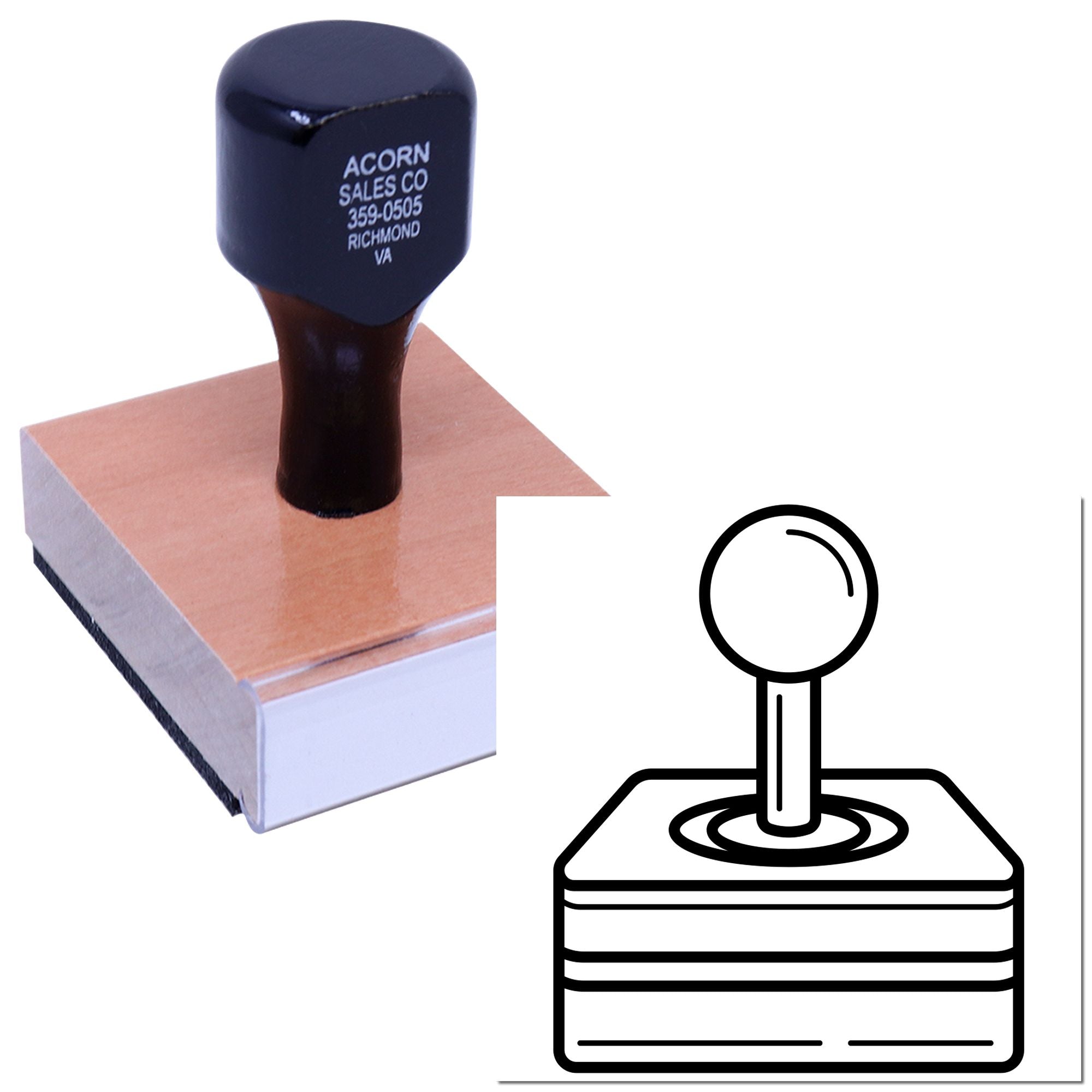 Custom rubber stamp on wooden block for business address and logo imprint, ideal for personalized office stamping.