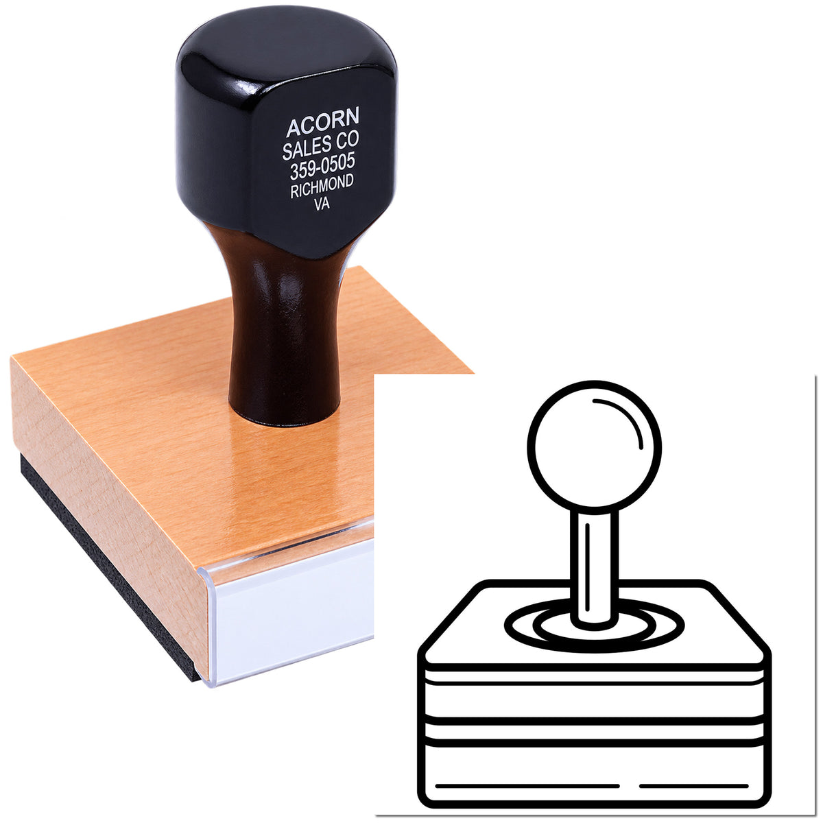 Custom rubber stamp on wooden block for business address and logo imprint, ideal for personalized office stamping.