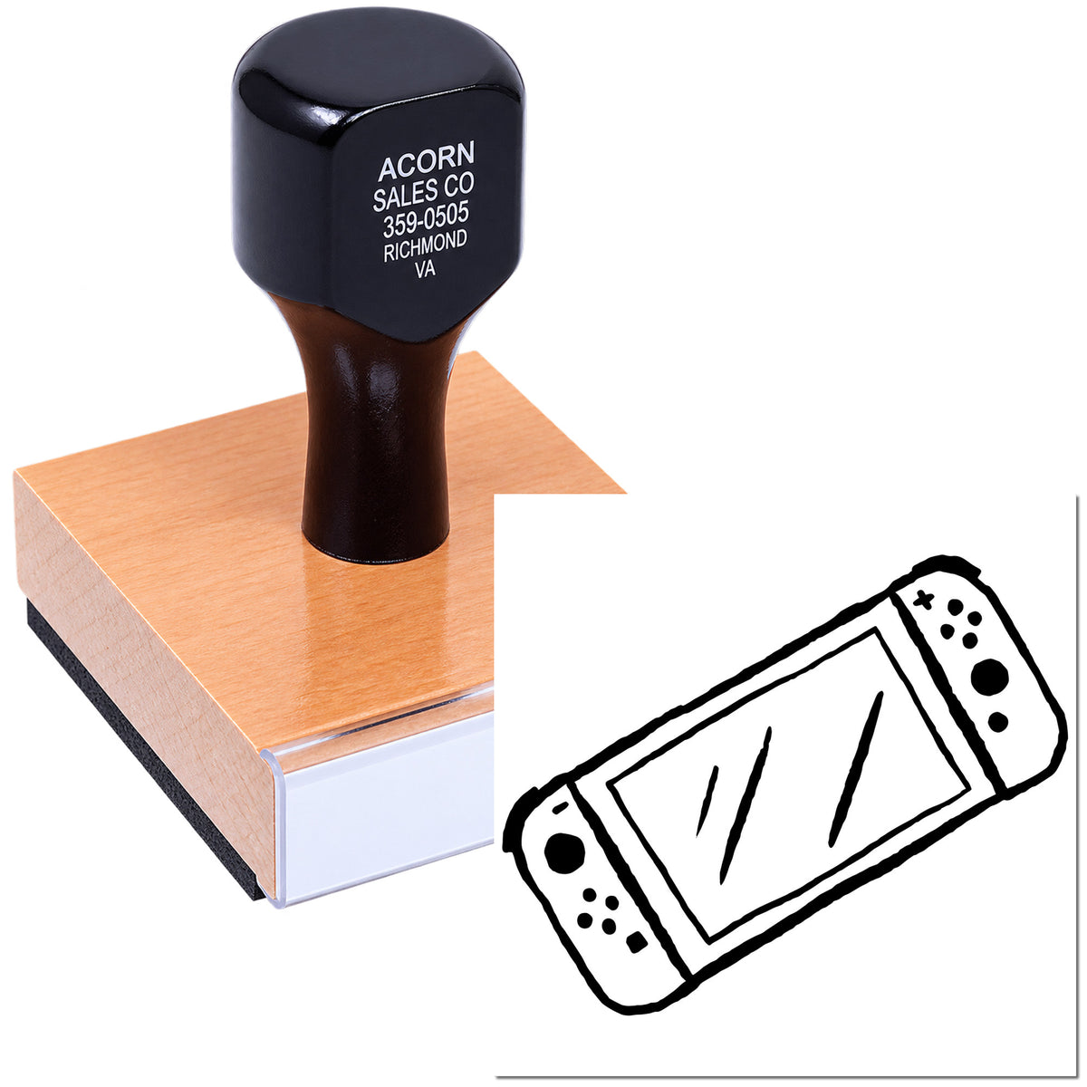 Custom rubber stamp on block for business address and logo imprint, ideal for professional office branding.