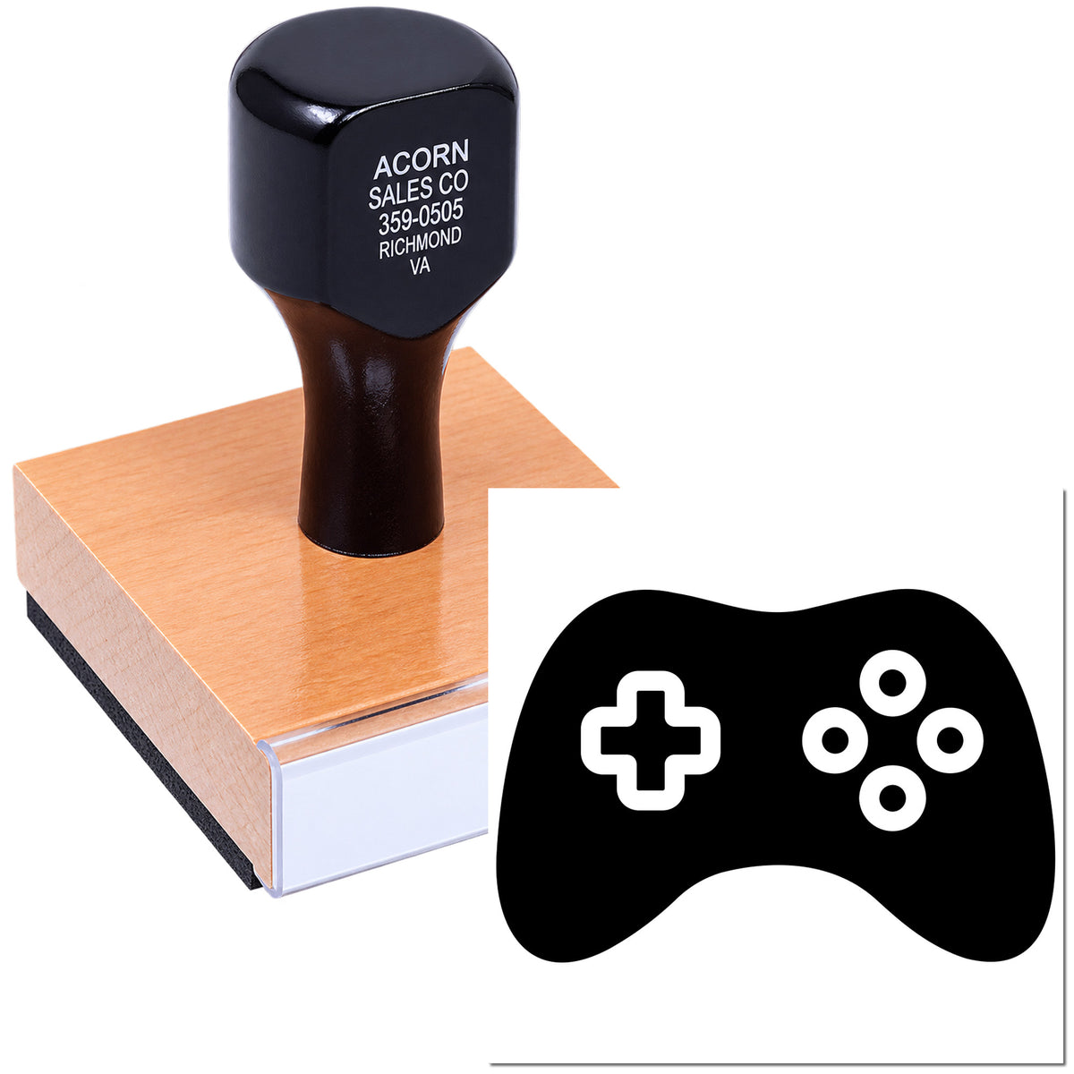 Custom rubber stamp with game controller logo for branded packaging, crafts, and promotional business use.
