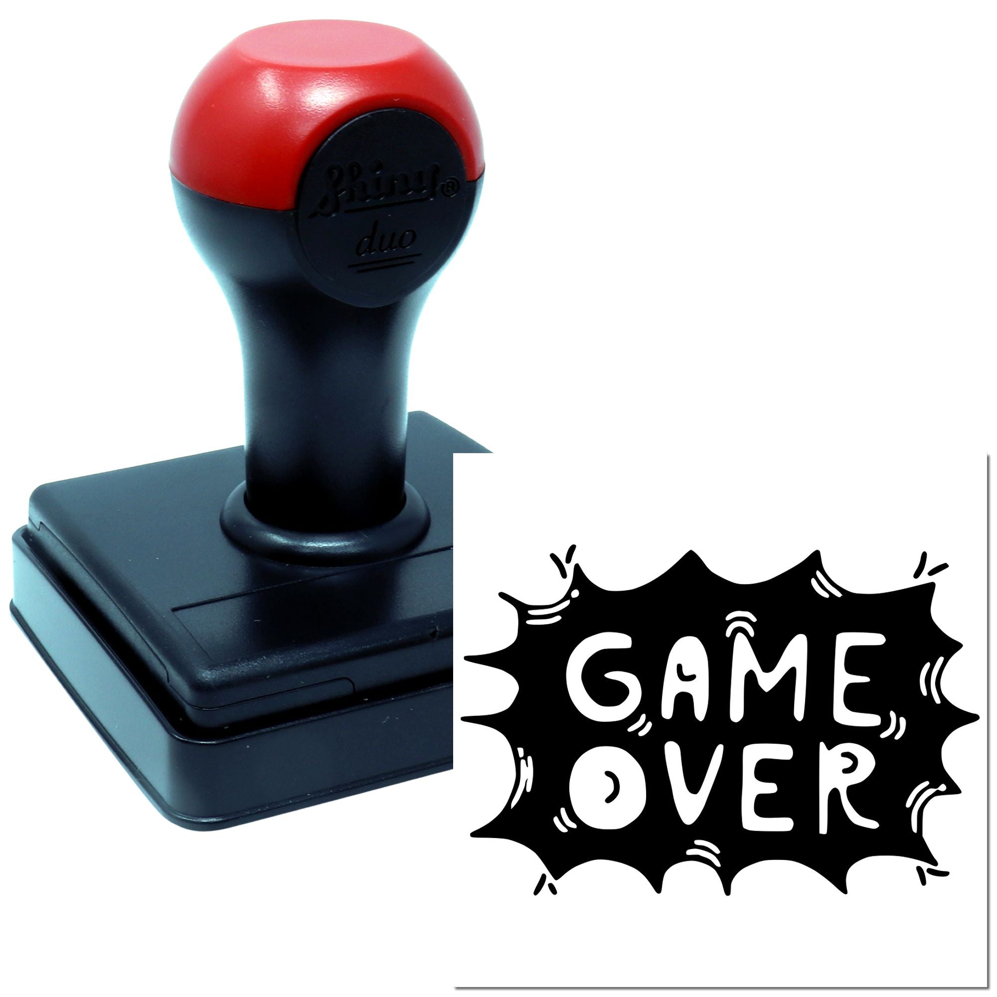 Game Over self-inking rubber stamp with comic burst design for gaming-themed custom impressions.
