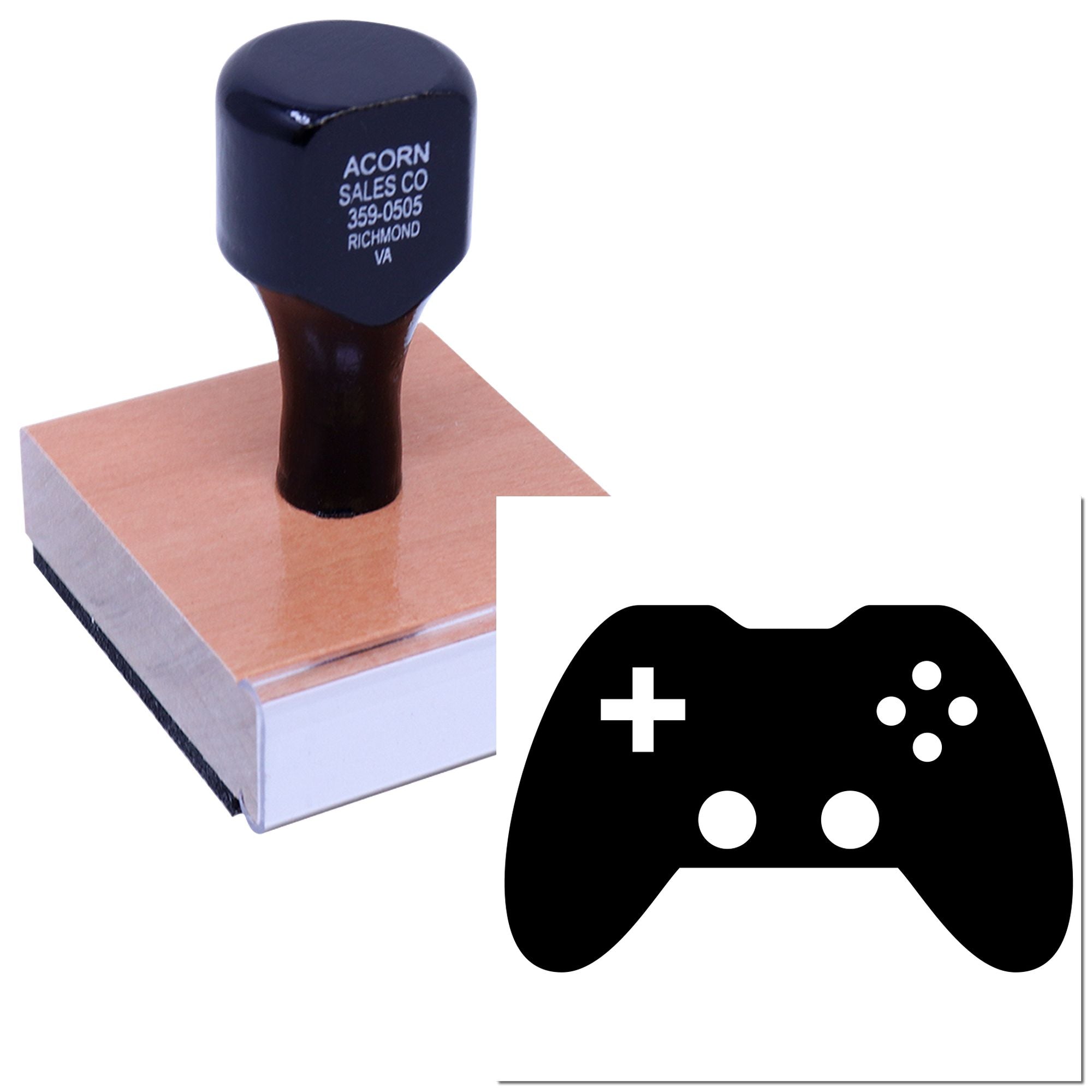 Custom rubber stamp with video game controller design for gaming stores, branding, and packaging.