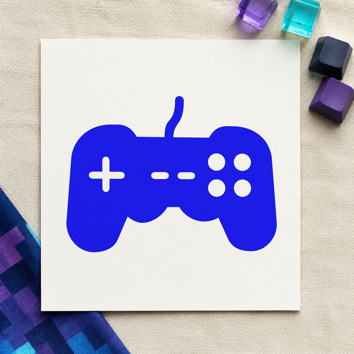 Wired Controller Button Graphic craft stamp in blue ink on cardstock, an easy option for collection tote printing.