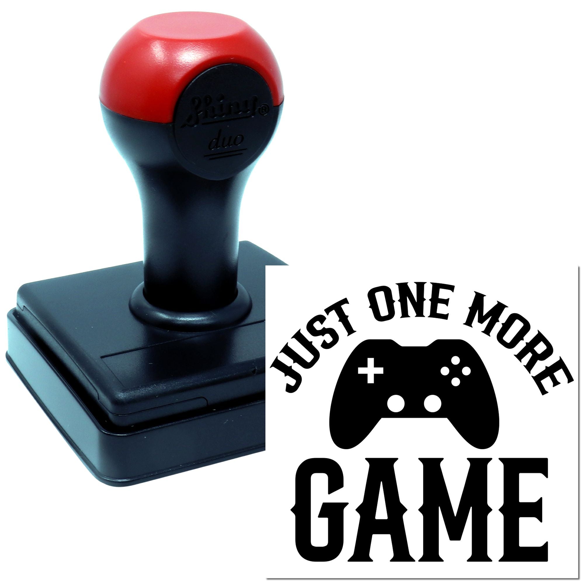 Self-inking rubber stamp with Just One More Game gamer design for gaming-themed branding and custom impressions