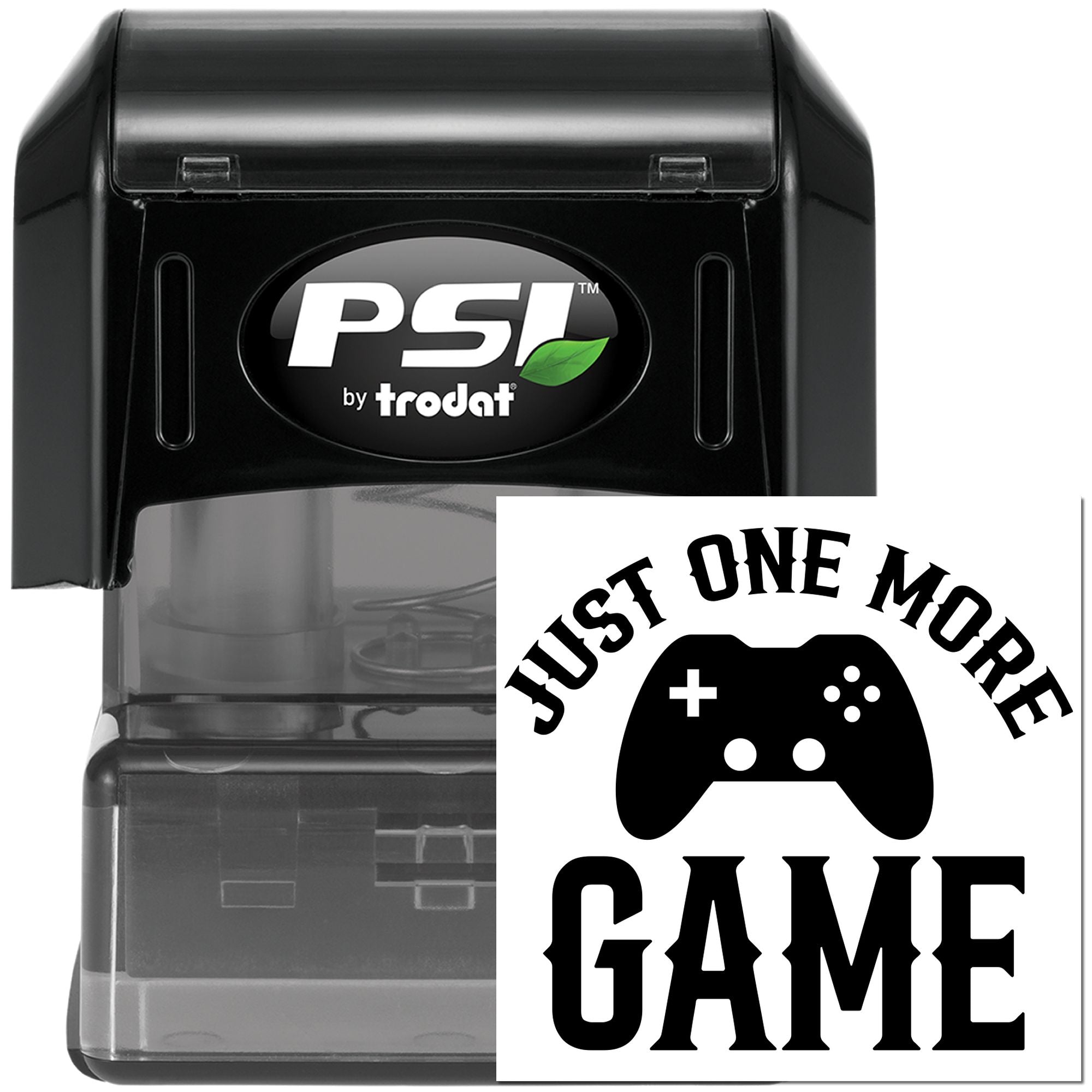 PSI by Trodat self-inking rubber stamp with Just One More Game gamer logo for custom gaming branding and packaging